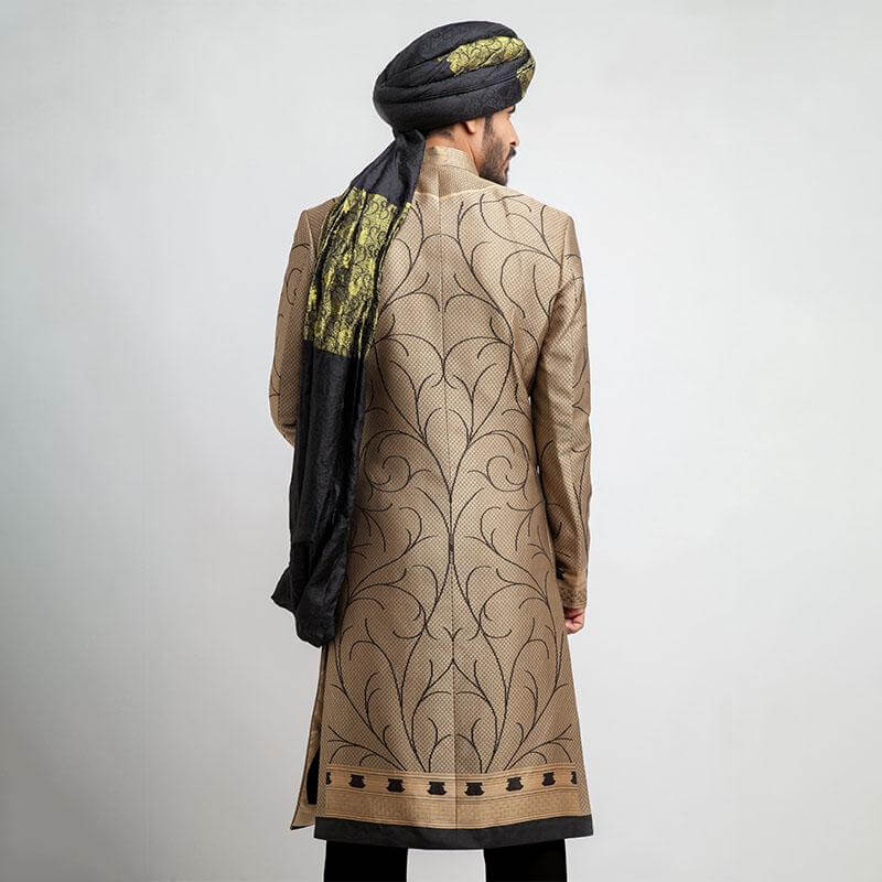 Antique Gold and Black Brocade Sherwani for Men | Elegant Indian Wedding Attire | Perfect for Groom Outfit, Festivals & Special Occasions