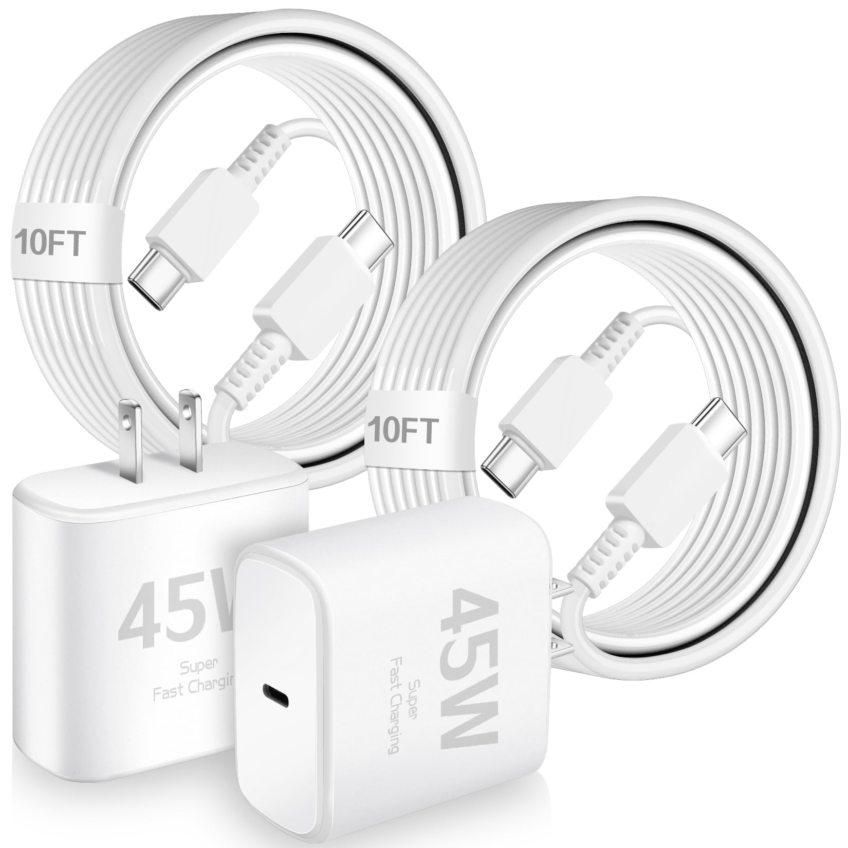 Samsung 45W Super Fast Charging Block 2-Pack with 10FT USB-C Cable - Fast Wall Charger Adapter for Samsung Galaxy S25 Ultra/S25+/S24/S24 Ultra/S24+/S23+/S22 Ultra/S22+/S21/S20 - Perfect for Home, Office & Travel Charging