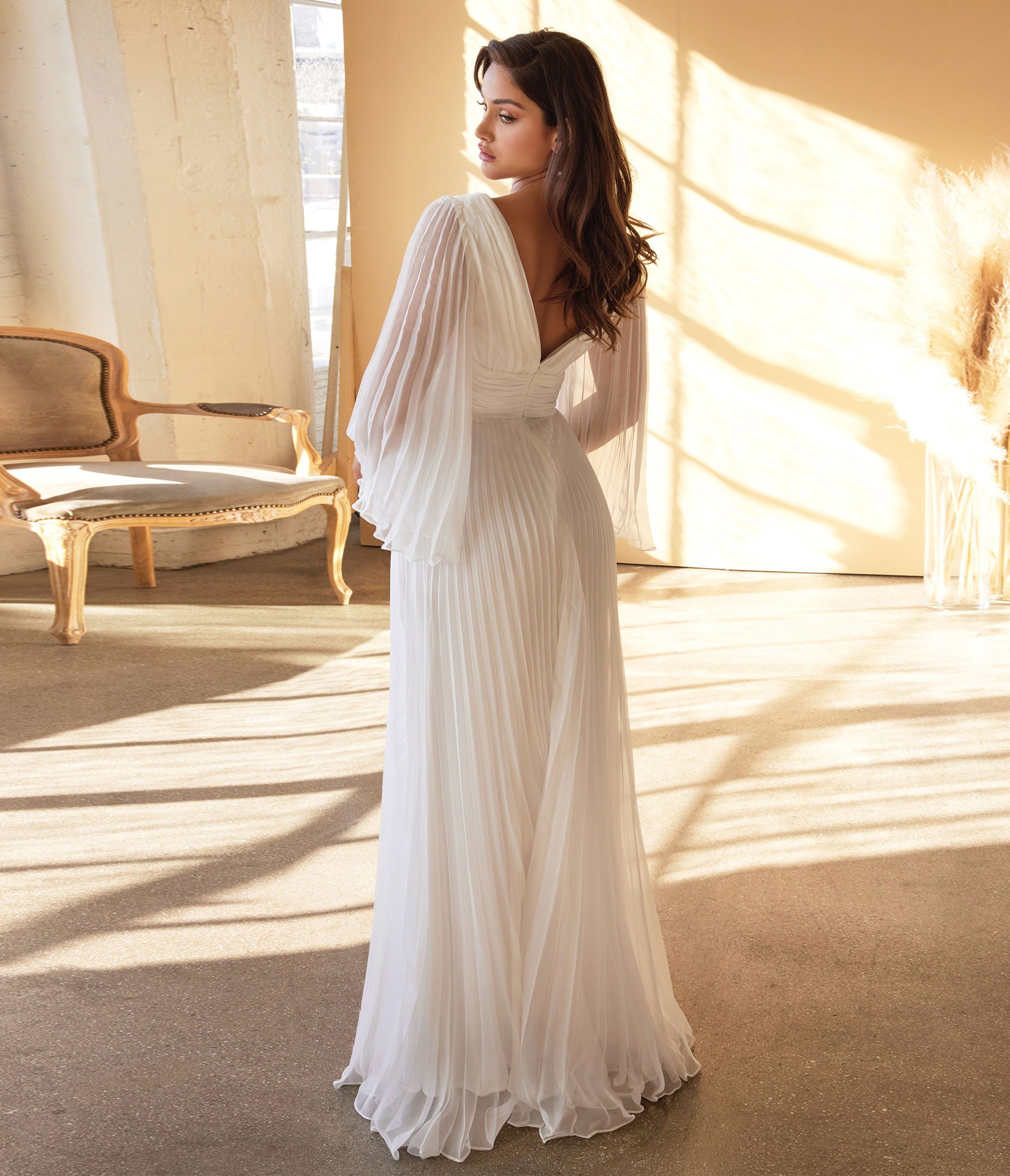 Cinderella Divine White Pleated Bridal Gown - Elegant Wedding Dress for Bride | Perfect for Church Ceremony, Beach Wedding & Formal Reception