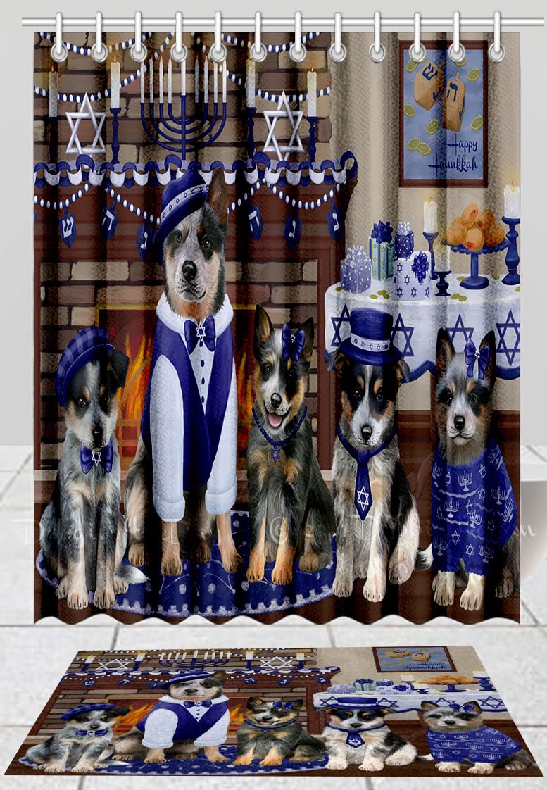 Happy Hanukkah Blue Heeler Dog Bath Mat & Shower Curtain Set - Non-Slip Bathroom Decor with Hooks, Plush Rug & Polyester Curtain (Mat 20x32in, Curtain 72x84in) - Perfect for Pet Lovers' Bathroom, Holiday Gift Idea, Dog-Themed Home Decor