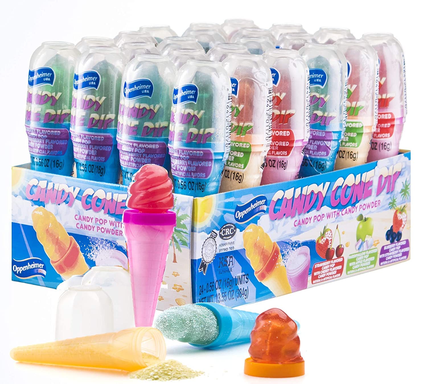 24-Pack Ice Cream Cone Shaped Candy Dippers with Flavored Powder - Assorted Colors, Kosher (13.55 OZ/384g) - Perfect for Birthday Parties, Baby Showers & Dessert Decorations