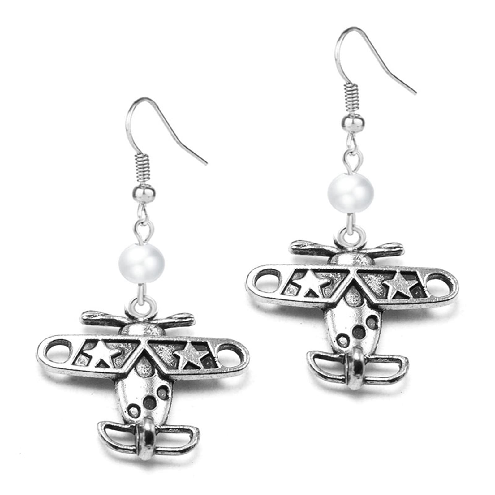 Vintage Airplane Pearl Earrings for Women - Handmade Silver Rotor Craft Dangle Drop Jewelry | Perfect for Pilots, Aviation Enthusiasts & Unique Gift Occasions