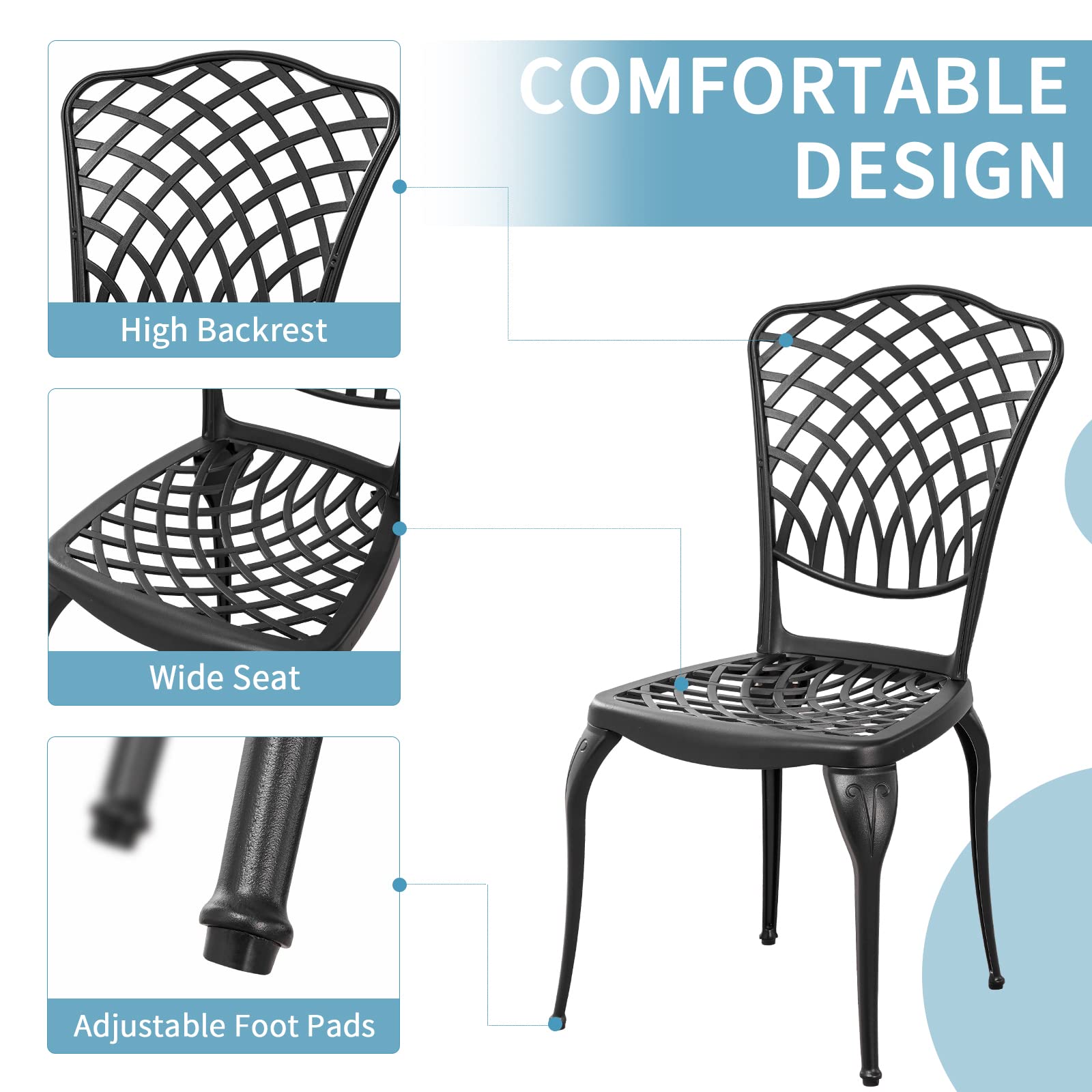 3-Piece Outdoor Bistro Set - Rust-Resistant Cast Aluminum Patio Table and 2 Chairs - Black Garden Furniture for Small Spaces, Balcony, Courtyard or Cafe Style Dining
