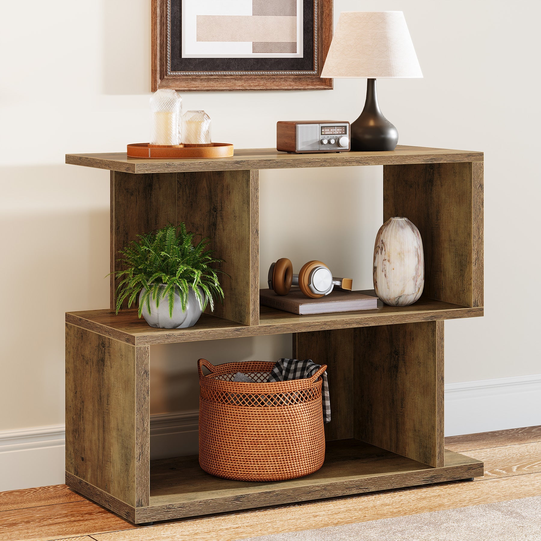 2 Tier End Table with Storage Cube - 31.5 Inch Modern Side Table for Living Room, Bedroom | Space-Saving Nightstand with Shelves for Home Decor & Organization