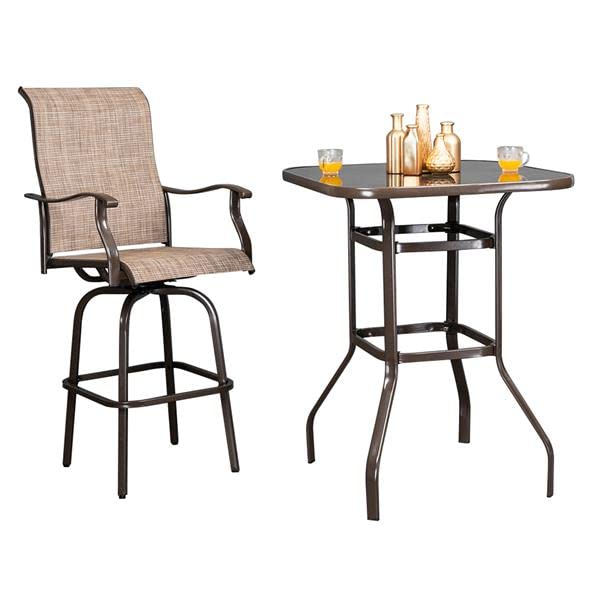 Rustic Wrought Iron and Glass High Bar Table - Brown Patio Bar Height Table for Outdoor Dining, Kitchen Island, or Pub Setting