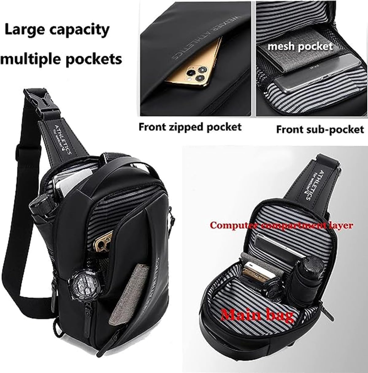 Waterproof Sling Bag for Men - USB Charging Port & Headphone Jack - Lightweight Crossbody Shoulder Backpack for Outdoor, Travel, Hiking & Daily Use