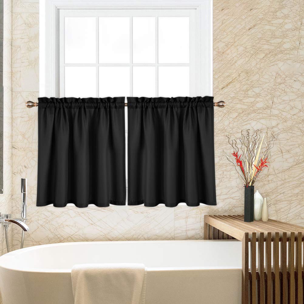 CAROMIO 24 Inch Waffle Woven Textured Kitchen Curtains - Black Short Tier Window Treatment for Bathroom, Cafe & Home Decor - Perfect for Privacy and Stylish Interior Design
