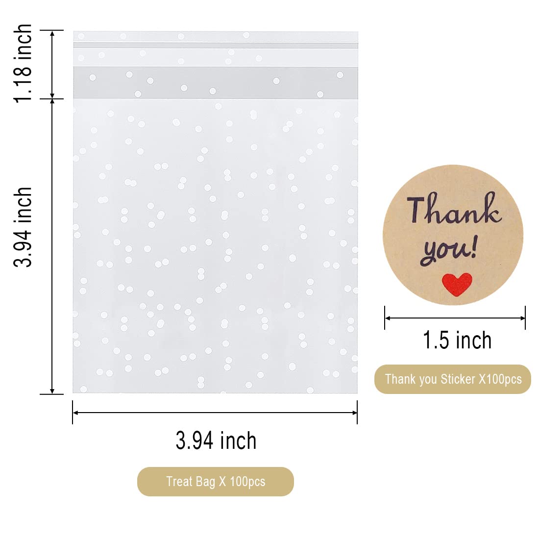 100PCS White Polka Dot Treat Bags - Self Adhesive Candy Cookie Bags for Gift Giving with Stickers (3.94 x 3.94 Inches) - Perfect for Birthday Parties, Baby Showers & Holiday Treats
