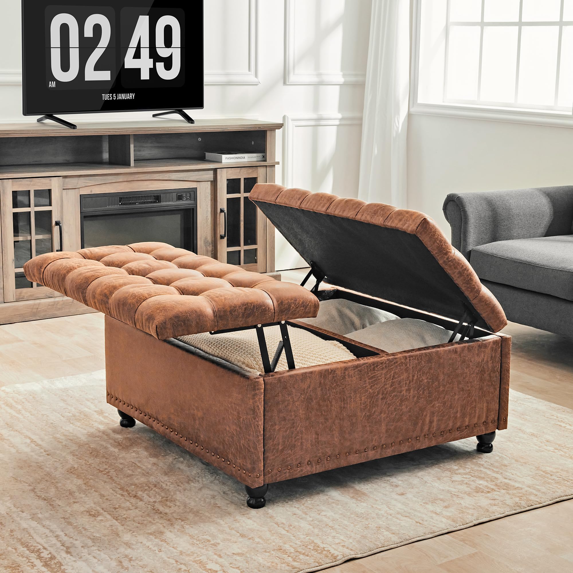 Redlife 35 Inch Large Square Storage Ottoman Bench with Lift Top - Tufted Coffee Table Ottoman for Living Room, Bedroom & Entryway - Brown Leathaire Fabric - Multi-Functional Storage Furniture for Shoes, Blankets & Home Decor