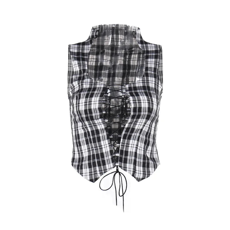 Black & White Plaid Print Stand Collar Tie-Up Crop Top | Y2K Streetwear | Sexy Gingham Going Out Tops for Women | Perfect for Parties, Clubbing & Casual Outfits