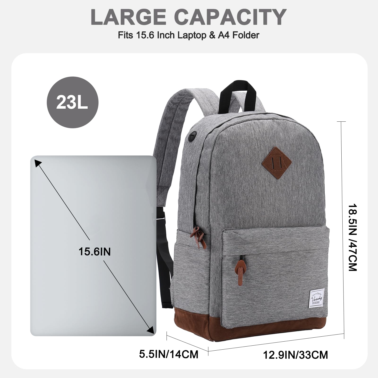 VASCHY Waterproof Lightweight Travel Backpack for Men & Women - Durable Casual Daypack for School, Work, Hiking & Outdoor Adventures