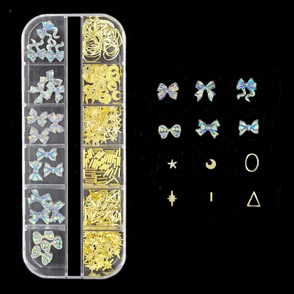 3D Aurora Bowknot Nail Art Kit - 12 Grids Metal Studs for DIY Manicure - Fashion Nail Decoration Accessories for Women and Girls - Perfect for Parties, Weddings, and Special Occasions