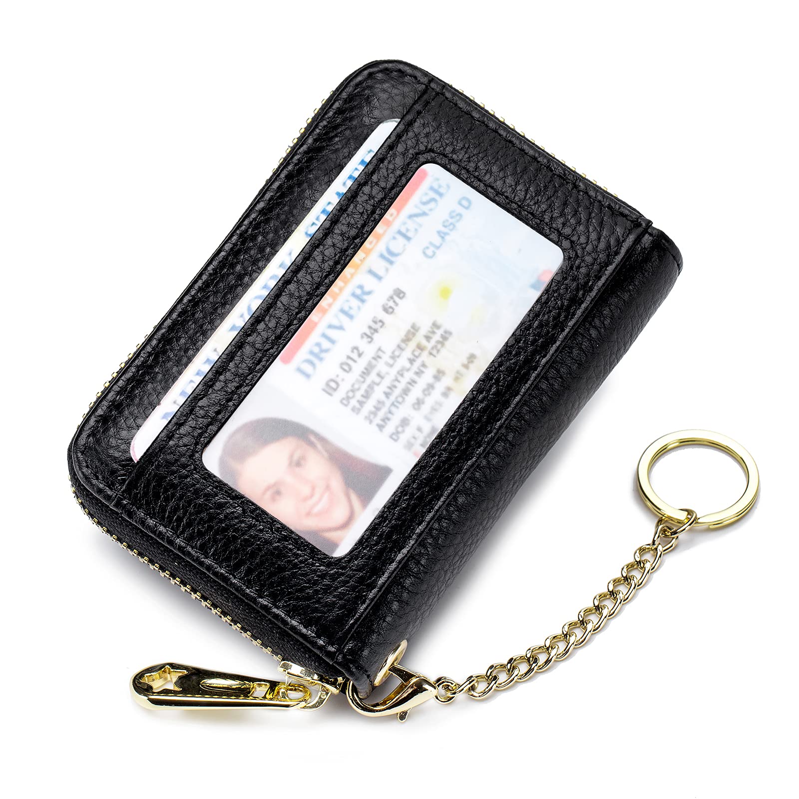 RFID Blocking Leather Card Holder for Women - 10 Slot Zipper Wallet with Keychain & ID Window, Perfect for Travel & Daily Use