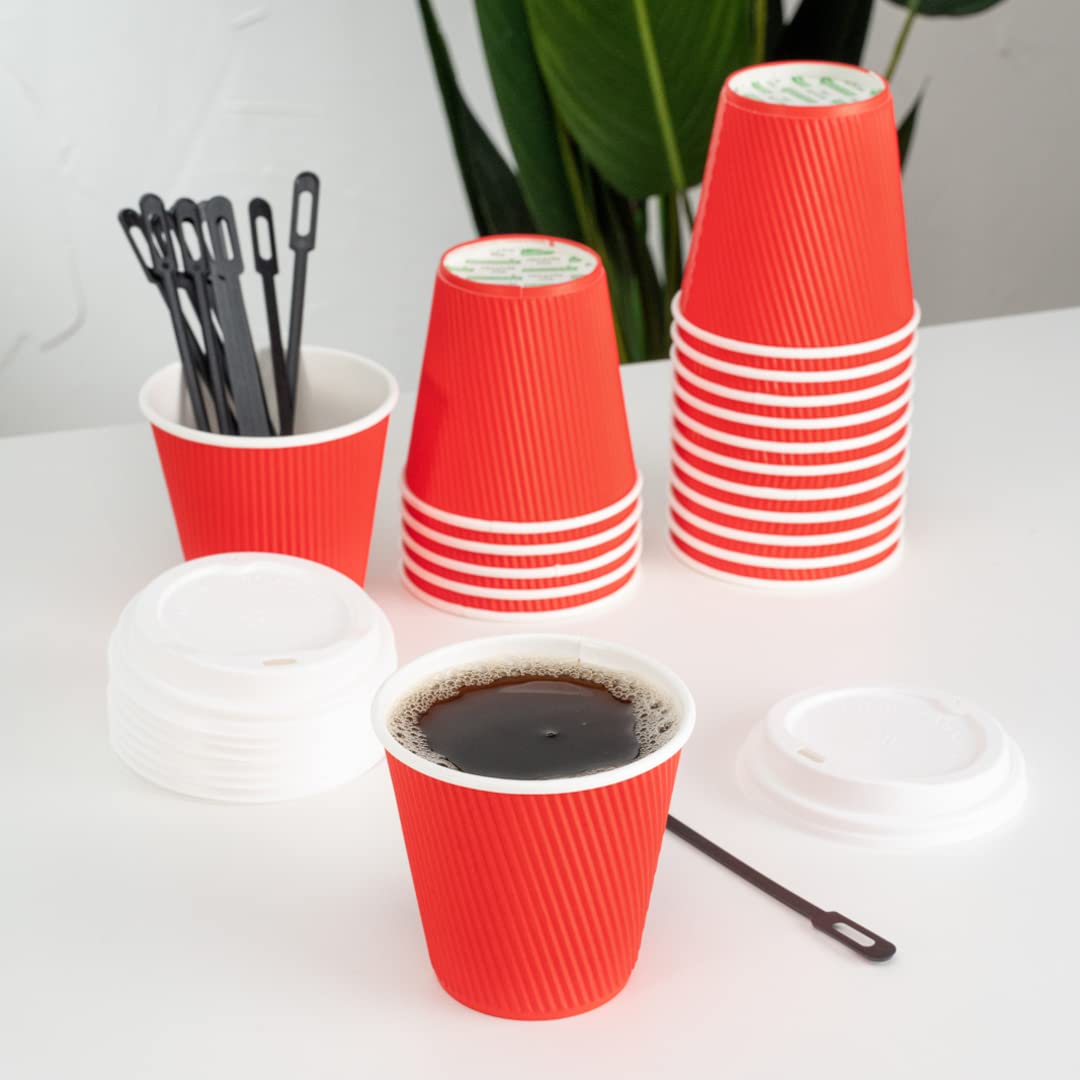 Restaurantware 8oz Insulated Coffee Cups with Lids - 400 Pack Leakproof Ripple Wall Hot Cups | Disposable Red Paper Coffee Cups for Tea, Hot Cocoa & Lattes | Perfect for Cafes, Offices & Catering Events