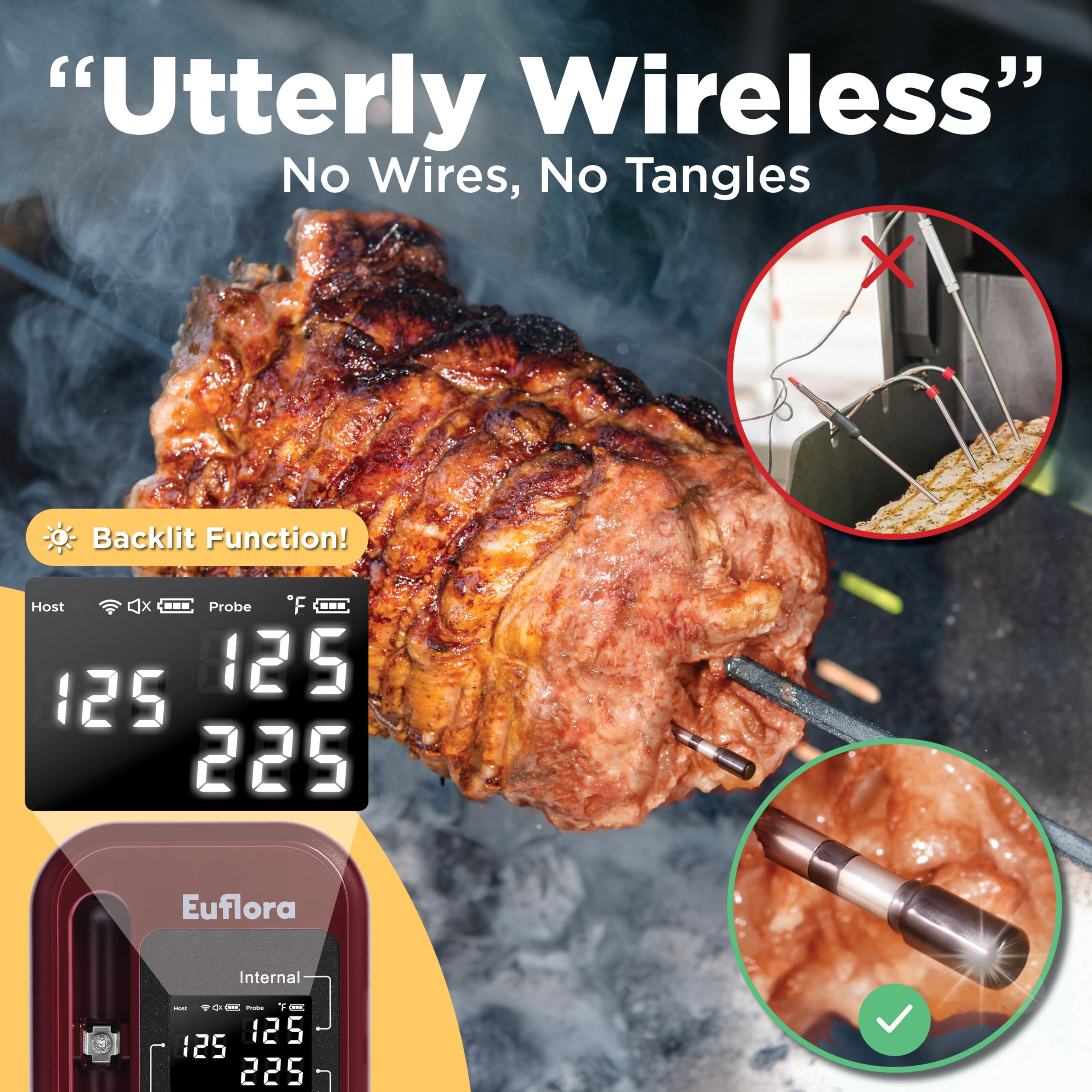 Wireless Meat Thermometer with Digital Probe - Bluetooth BBQ Thermometer for Grilling, Smoking & Oven Cooking - 800FT Range with Internal & Ambient Temperature Monitoring (Red) - Perfect for Backyard BBQs, Camping & Home Kitchen Use