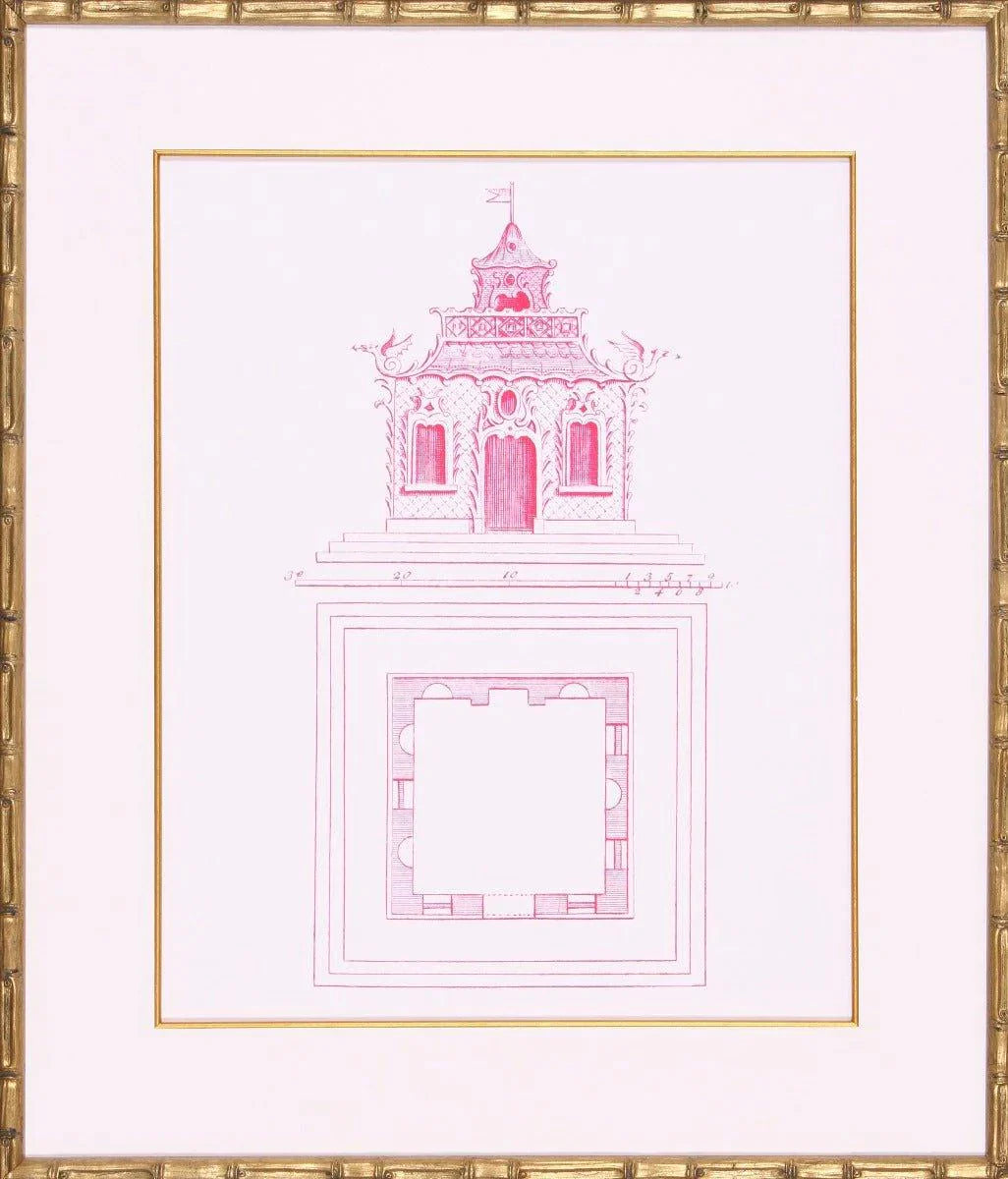 Bright Pink Pagoda Design Lithograph in Gold Frame - Elegant Asian Wall Art for Home & Office Decor