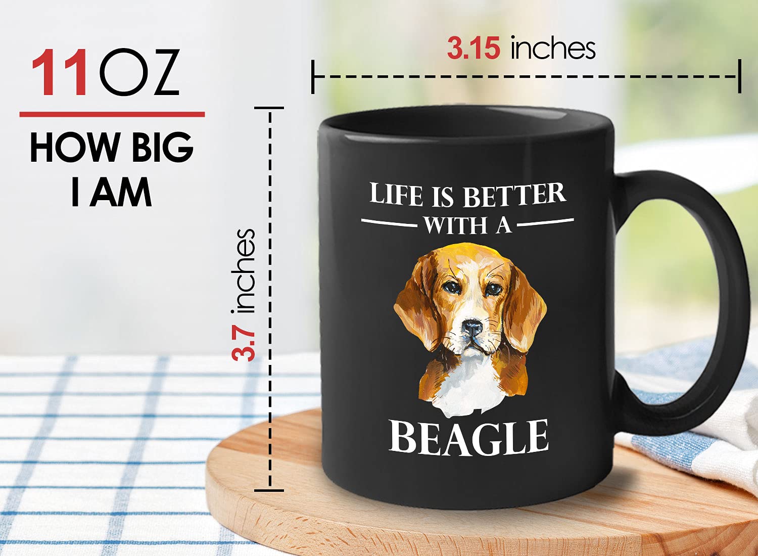11 Oz Black Dog Lover Coffee Mug - Life Is Better With A Beagle - Perfect Gift for Dog Owners, Pet Lovers & Beagle Breed Enthusiasts - Great for Coffee, Tea or Hot Chocolate at Home or Office