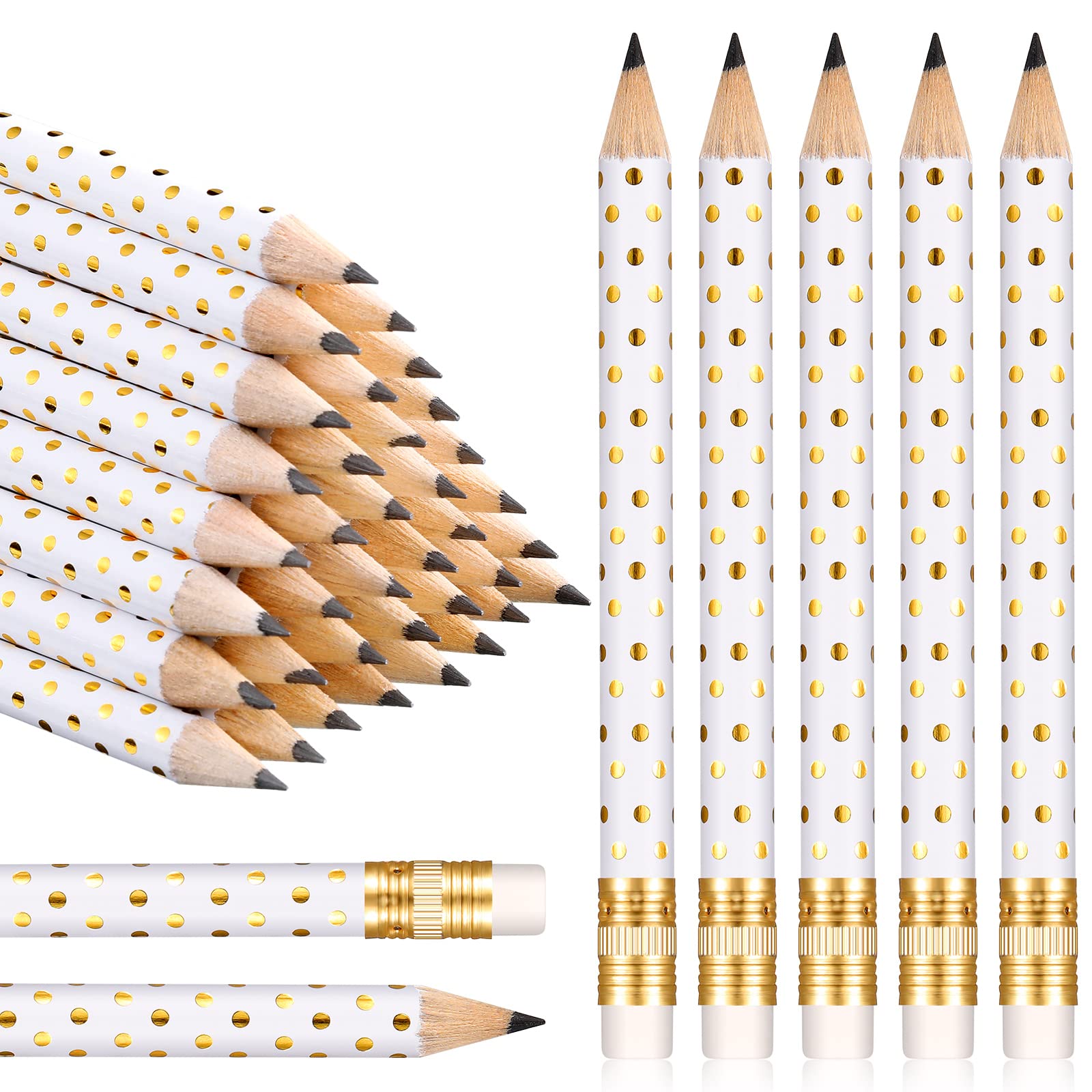 50 Pack Half Pencils with Erasers - 4 Inch Wooden Golf Pencils for Wedding, Bridal Shower Games, School & Office Supplies - Sharpened Mini Pencils in White & Gold - Perfect for Baby Showers, Party Favors & Note Taking