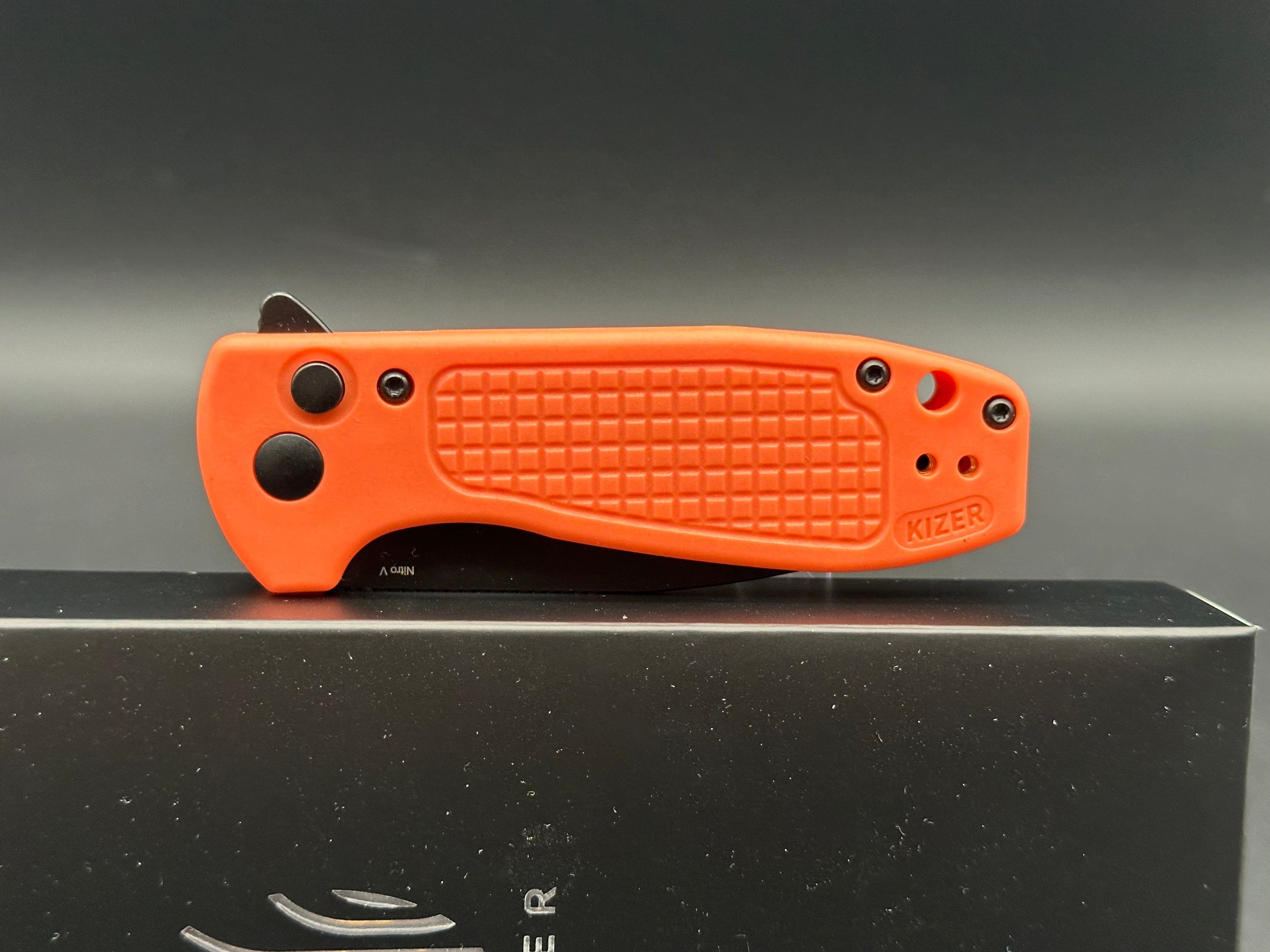 Kizer Amicus Folding Knife - Nitro V Blade, Button Lock, Orange FRN Handle, L3002M2 (2.95