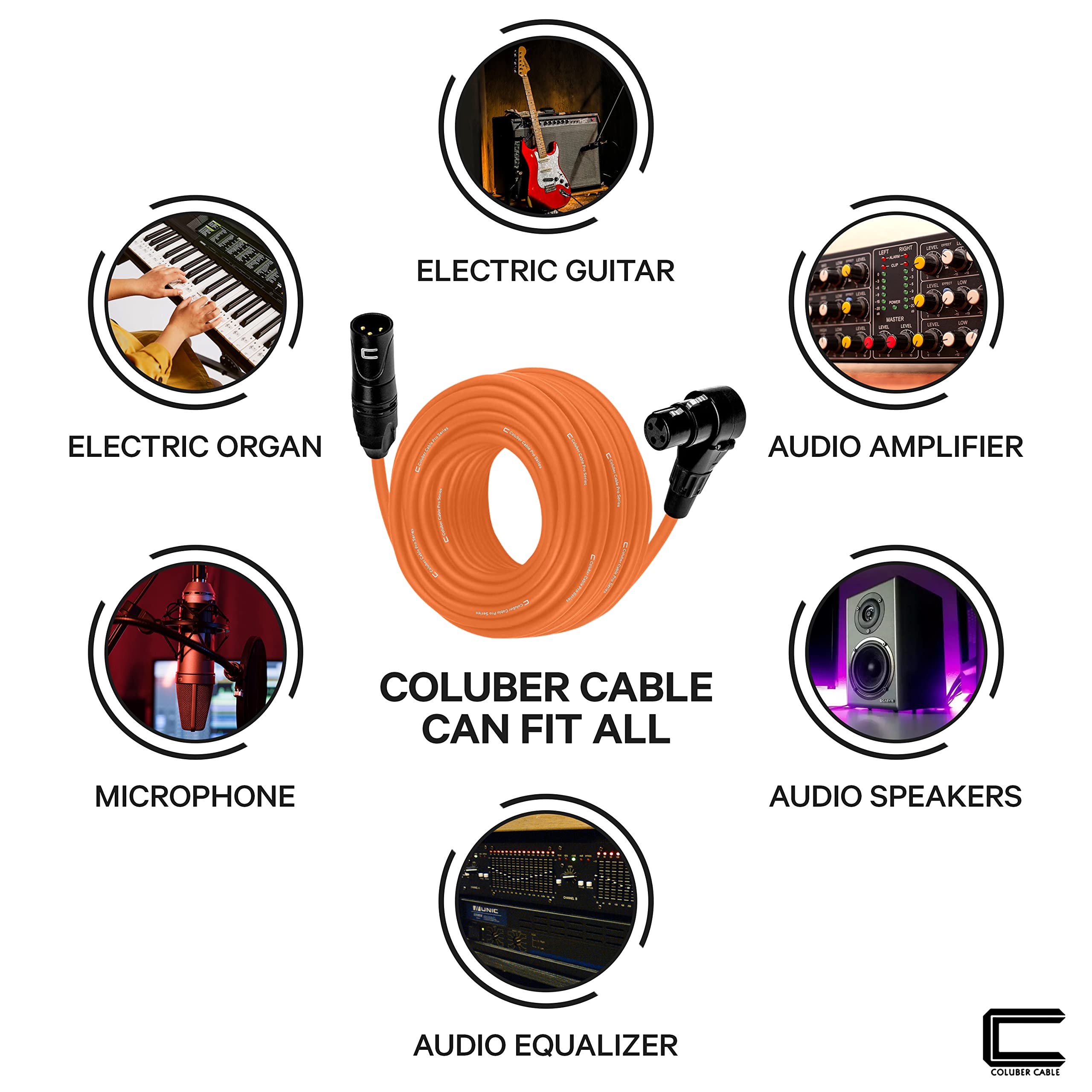 Professional 30ft Orange Balanced XLR Cable - Male to Right Angle Female 3-Pin Microphone Connector for Powered Speakers, Audio Interface & Mixer - Perfect for Live Performances, Studio Recording & DJ Setups