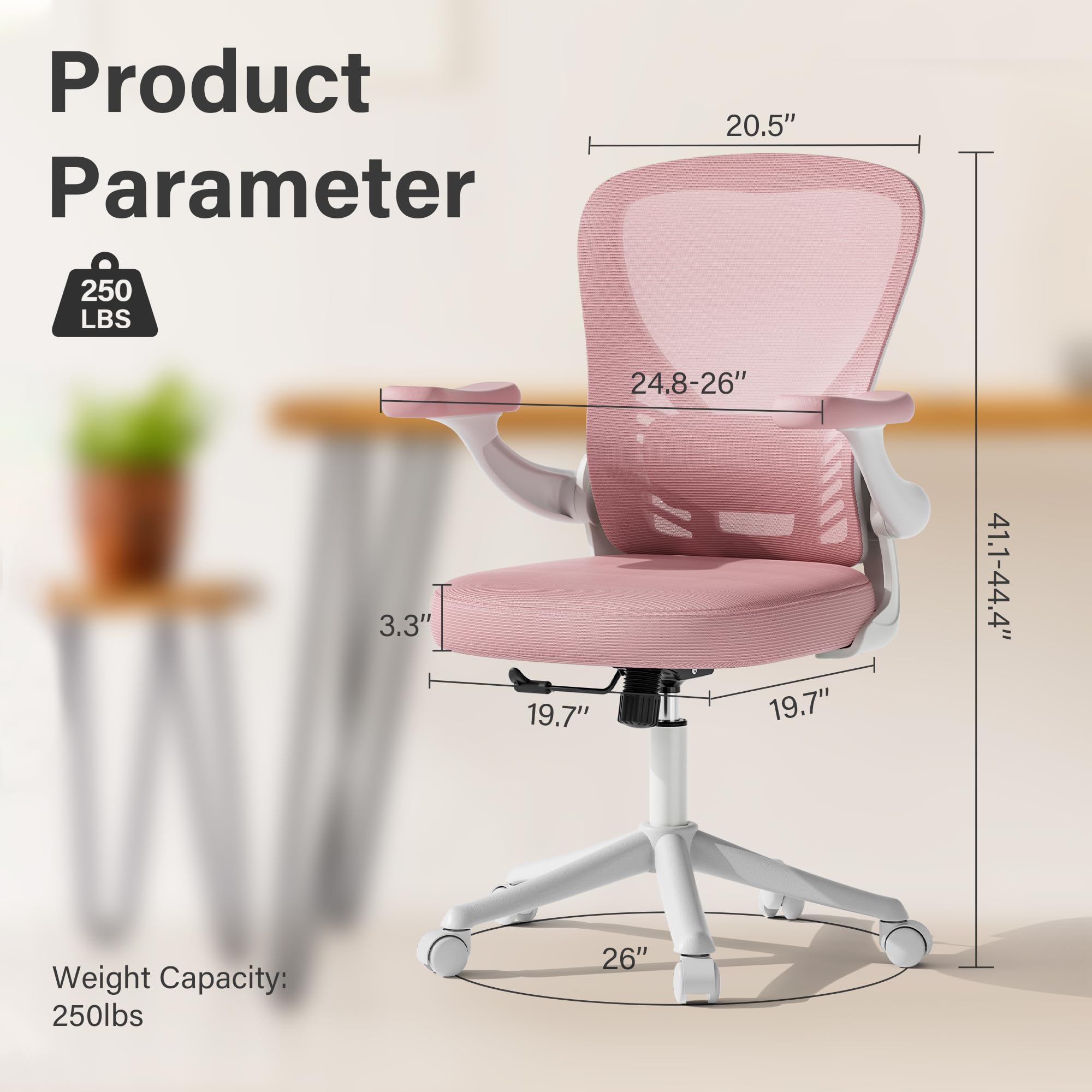 Ergonomic Mesh Office Chair with Wheels & Flip-Up Arms - Adjustable Lumbar Support, Swivel & Height Adjustable - Comfortable Pink Computer Desk Chair for Home Office, Gaming & Workspace