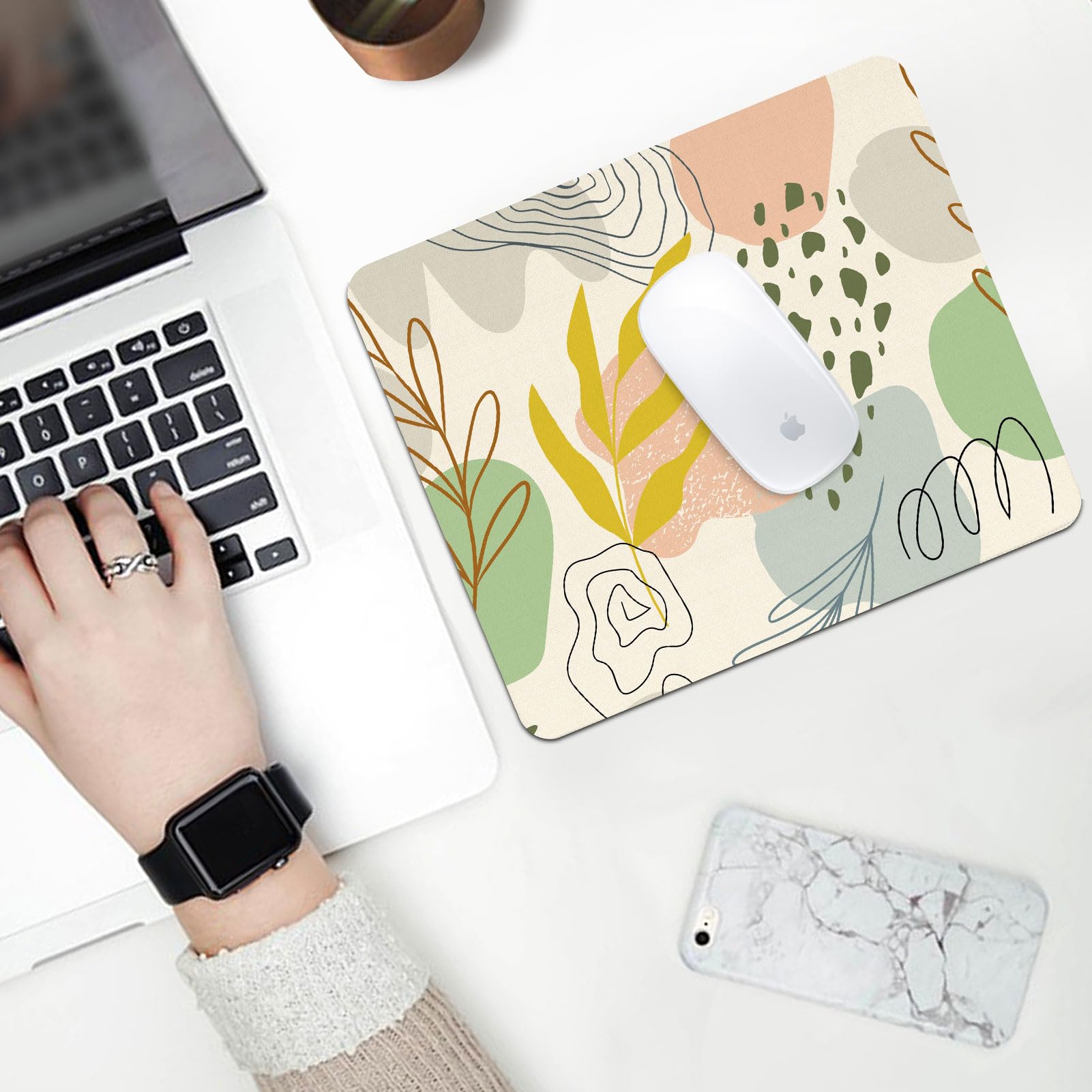 Seorsok Funny Cute Abstract Shape & Leaves Mouse Pad - Premium Textured Office & Home Mouse Mat with Waterproof Surface & Non-Slip Rubber Base for Wireless Mouse - Green Bohemian Doodle Design - Perfect for Workstations, Gaming Setups & Home Offices