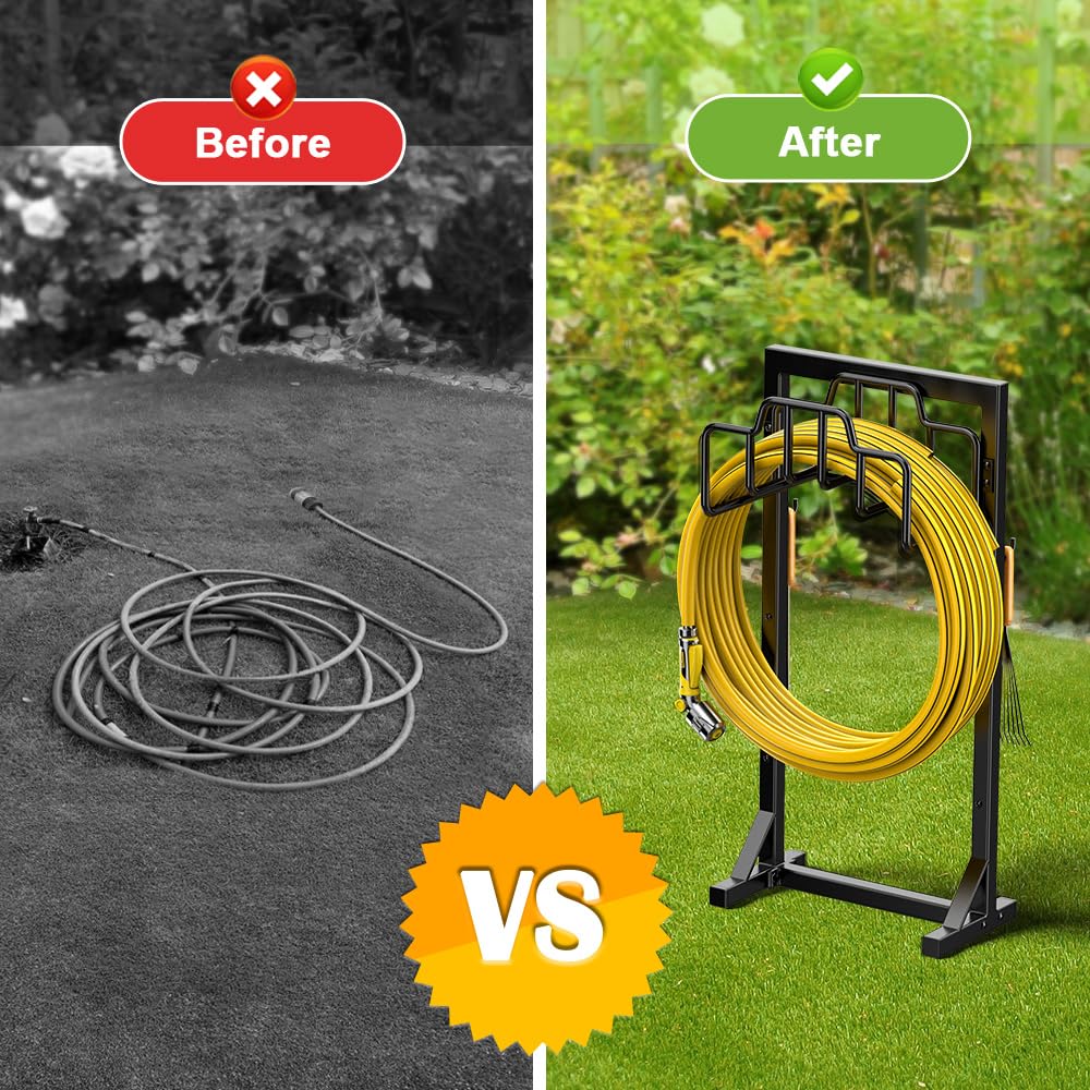 Heavy Duty Free Standing Metal Garden Hose Reel Holder - Detachable Black Hose Hanger Organizer for Outdoor Watering, Lawn Care & Yard Maintenance