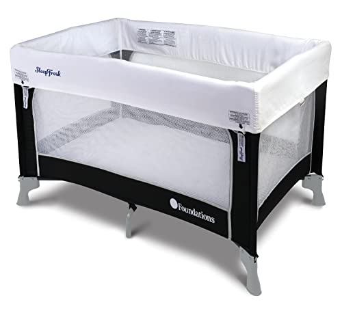 Foundations SnugFresh Portable Play Yard & Travel Crib for Babies - Lightweight Graphite Playpen with Removable Machine-Washable Sheet & Comfortable Foam Mattress - Perfect for Home, Travel, Daycare & Outdoor Adventures