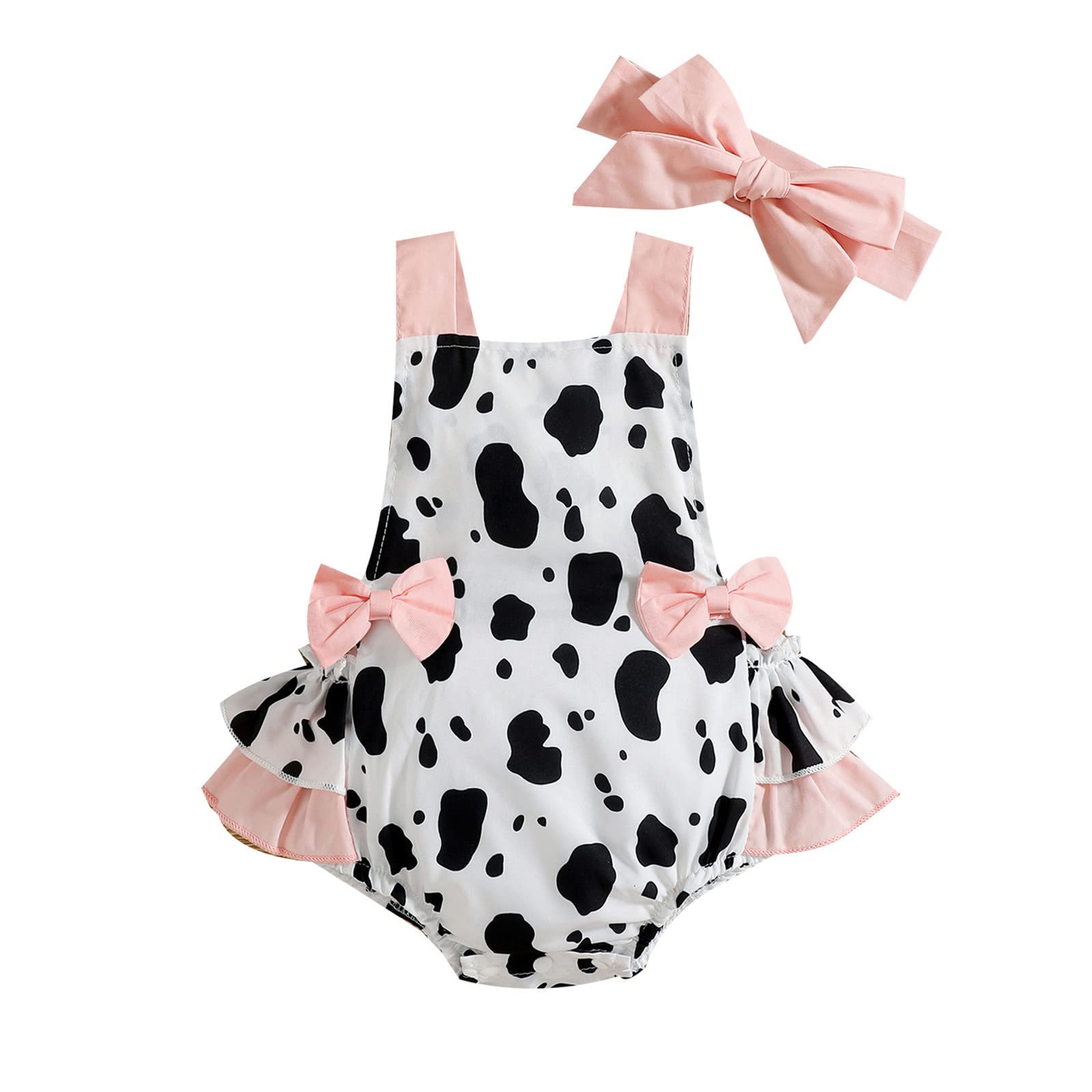 Adorable Cow Print Baby Bodysuit for Girls 0-24 Months - 100% Cotton Soft Sleeveless Romper with Ruffles & Bow | Newborn & Toddler Outfit | Baby Shower Gift | Perfect for Playtime, Beach, Family Photos, Parties & Everyday Wear | Ideal for Summer, Birthday Celebrations, and Casual Outings | Great for Daycare, Playdates, and Outdoor Adventures