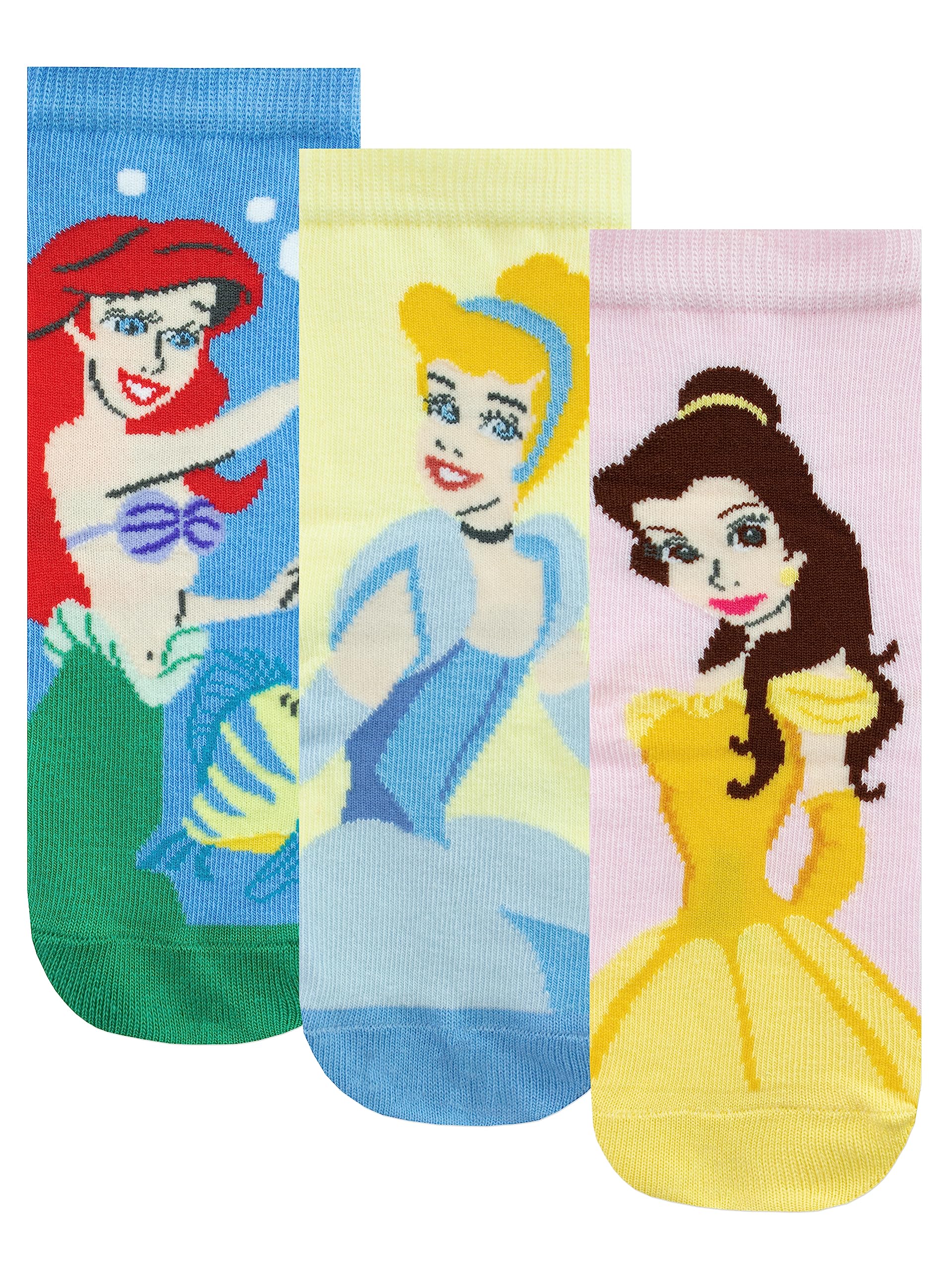 Disney Princess 3-Pack Cotton Socks for Girls - Little Mermaid, Cinderella & Belle Character Socks | Soft & Comfortable Kids' Socks for School, Dress-Up & Everyday Wear