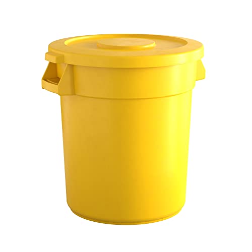 Krollen 20 Gallon Yellow Round Commercial Trash Can with Lid - Heavy Duty Industrial Garbage Bin for Office, Restaurant, and Warehouse Use