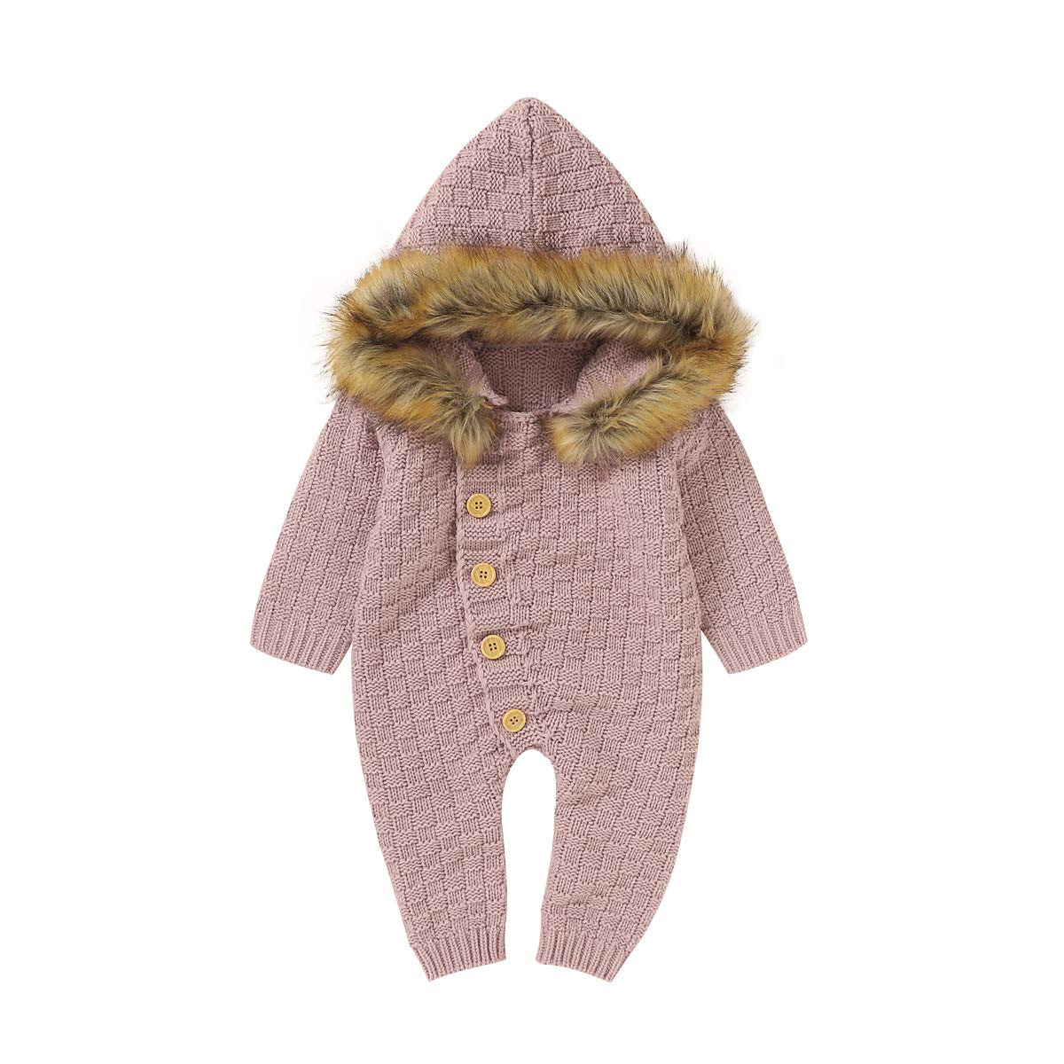 Tiacham Baby Knit Romper with Fur Hoodie - Warm One-Piece Jumpsuit for Boys & Girls | Newborn Winter Clothes for Fall & Winter Outings