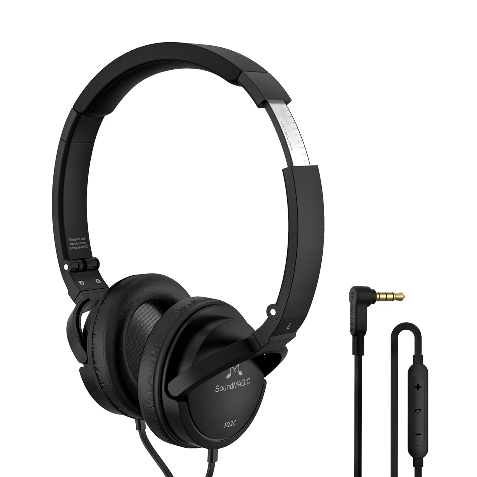 SoundMAGIC P22C Lightweight On-Ear Headphones with Microphone - Wired HiFi Stereo Headset, Noise Isolation, Foldable Design - Comfortable & Portable for Commuting, Travel, Office Work (Black)