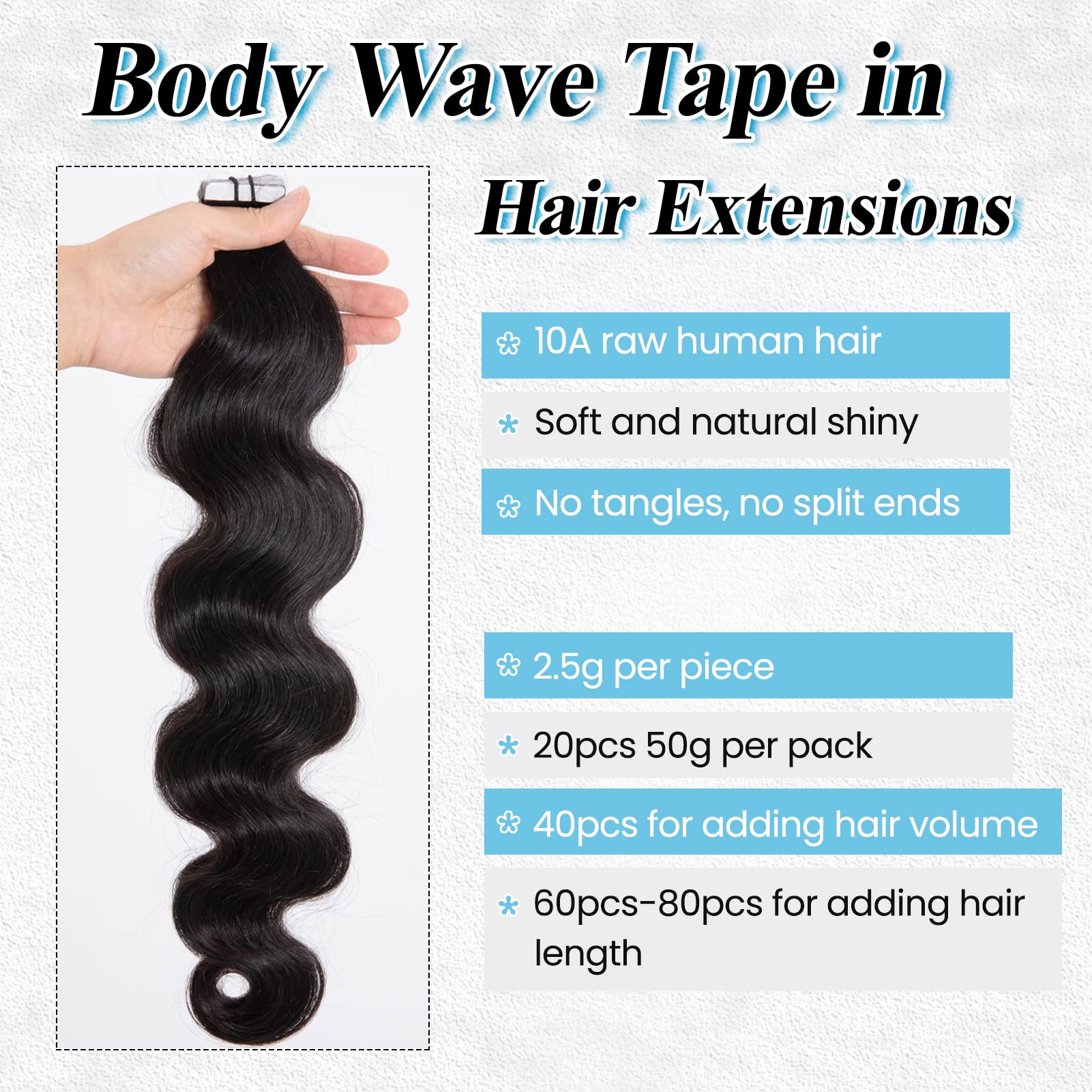 Natural Black Tape in Hair Extensions 24 Inch Body Wave Remy Human Hair - 50g/pack 20pcs #1B Wavy Tape Ins for Black Women - Perfect for Daily Styling, Parties & Special Occasions