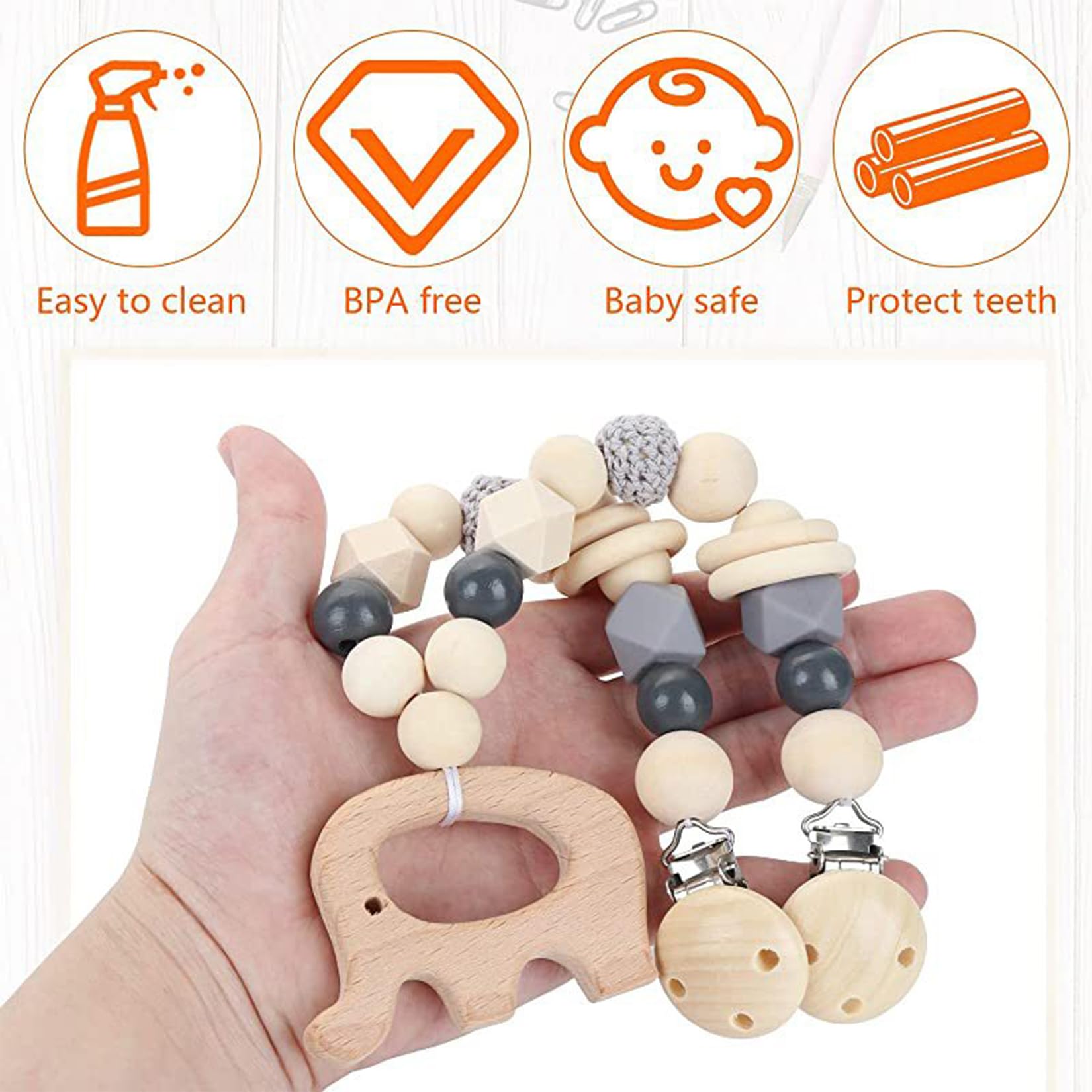JurciCat Wooden Stroller Toy Chain - Natural Wood Baby Toy for 0-12 Months - Perfect for Strollers, Cribs & Car Seats - Great Baby Shower Gift & Early Learning Developmental Toy