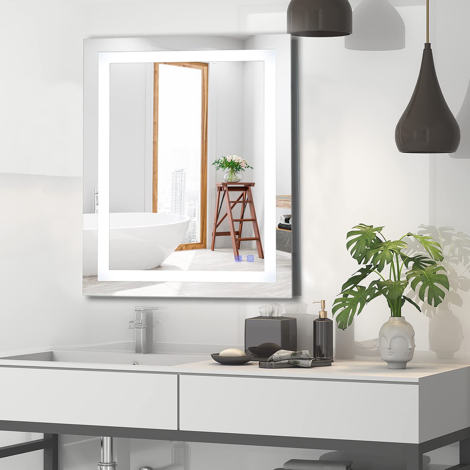 Bonnlo 32x24 Inch LED Bathroom Mirror with Defogger, Dimmable Backlit Vanity Mirror, Memory Touch Control, IP44 Waterproof, CRI90 - Perfect for Modern Bathrooms, Makeup Vanity, and Spa-Like Lighting