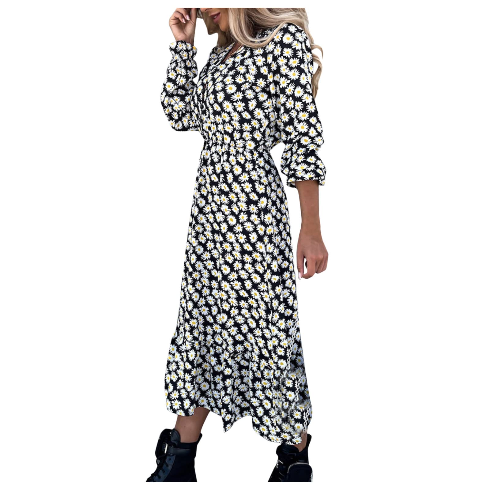 Women's Summer Dresses - Floral Dot Printed Long Sleeve Bandage Dress with Button Detail | Casual Beachwear & Elegant Office Wear for Petite Women