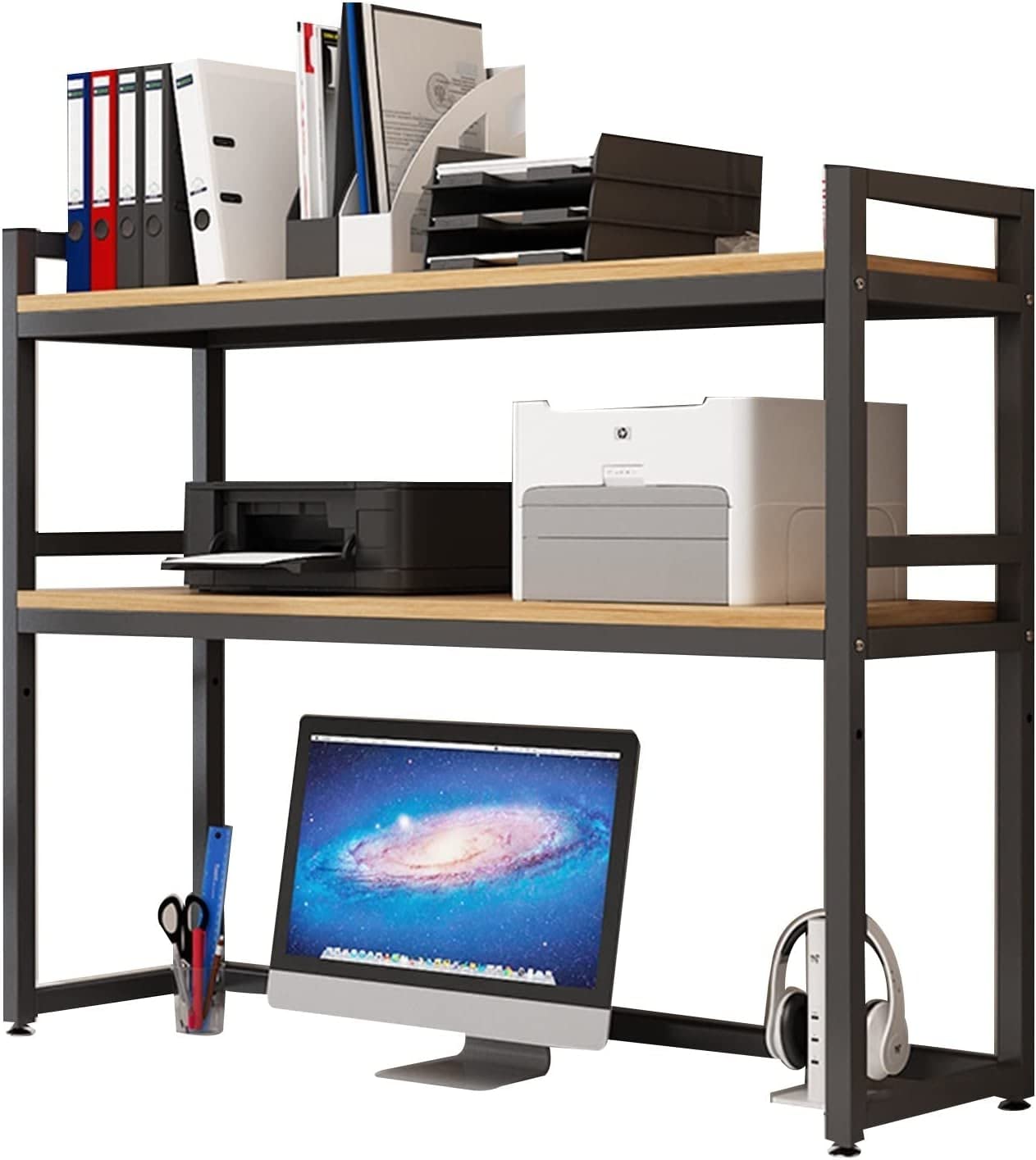 KORP 2-Tier Adjustable Bookshelf Desk Organizer - Wood & Metal Printer Stand, Desktop Bookcase for Computer Desk - Office Supplies Storage & Display Shelf (Black, 11