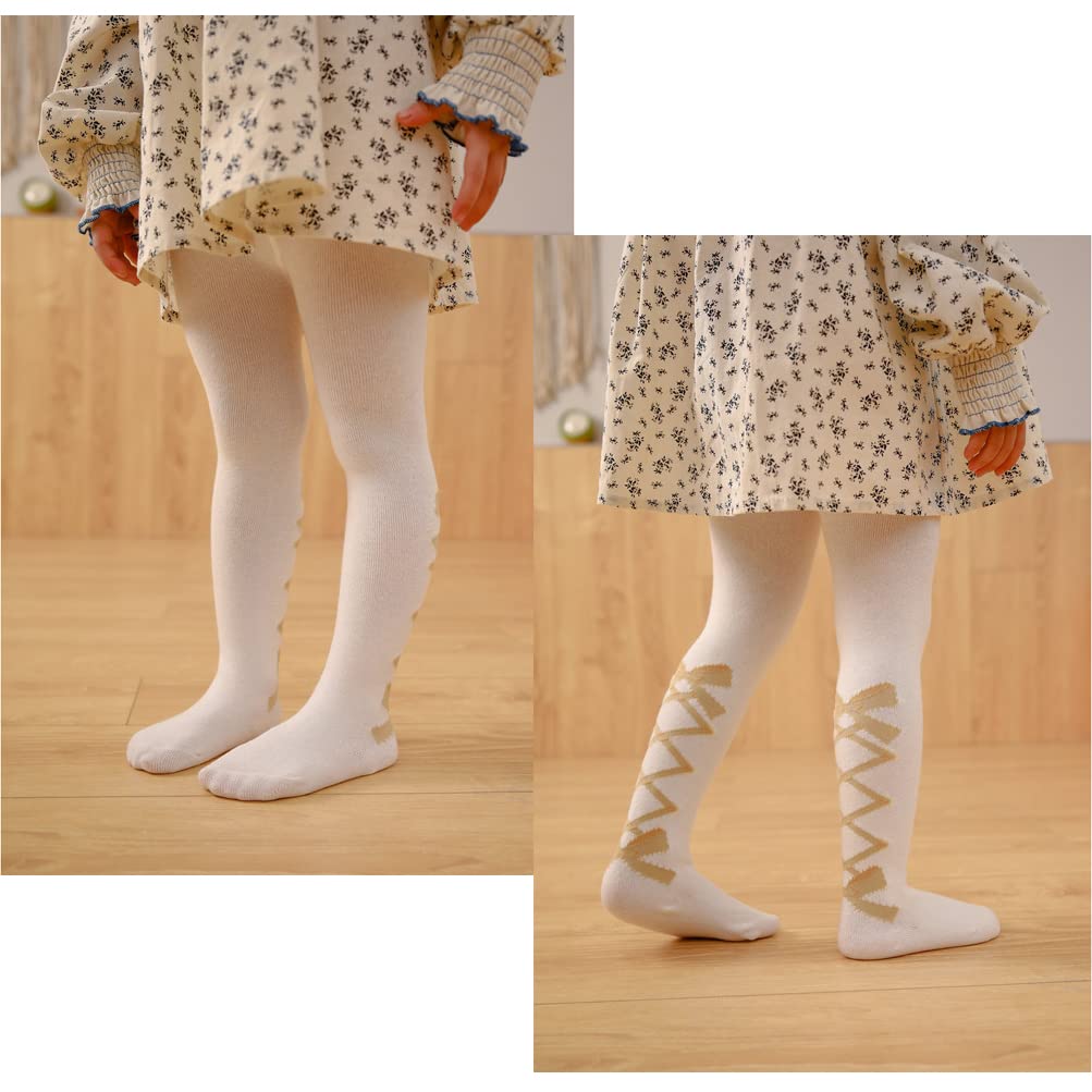 Bafeicao 3 Pack Toddler Baby Girls Tights - Cable Knit Cotton Leggings with Bow Print - Soft Stockings for Infants & Little Girls (Perfect for Winter, Playtime & Dress-Up Outfits)