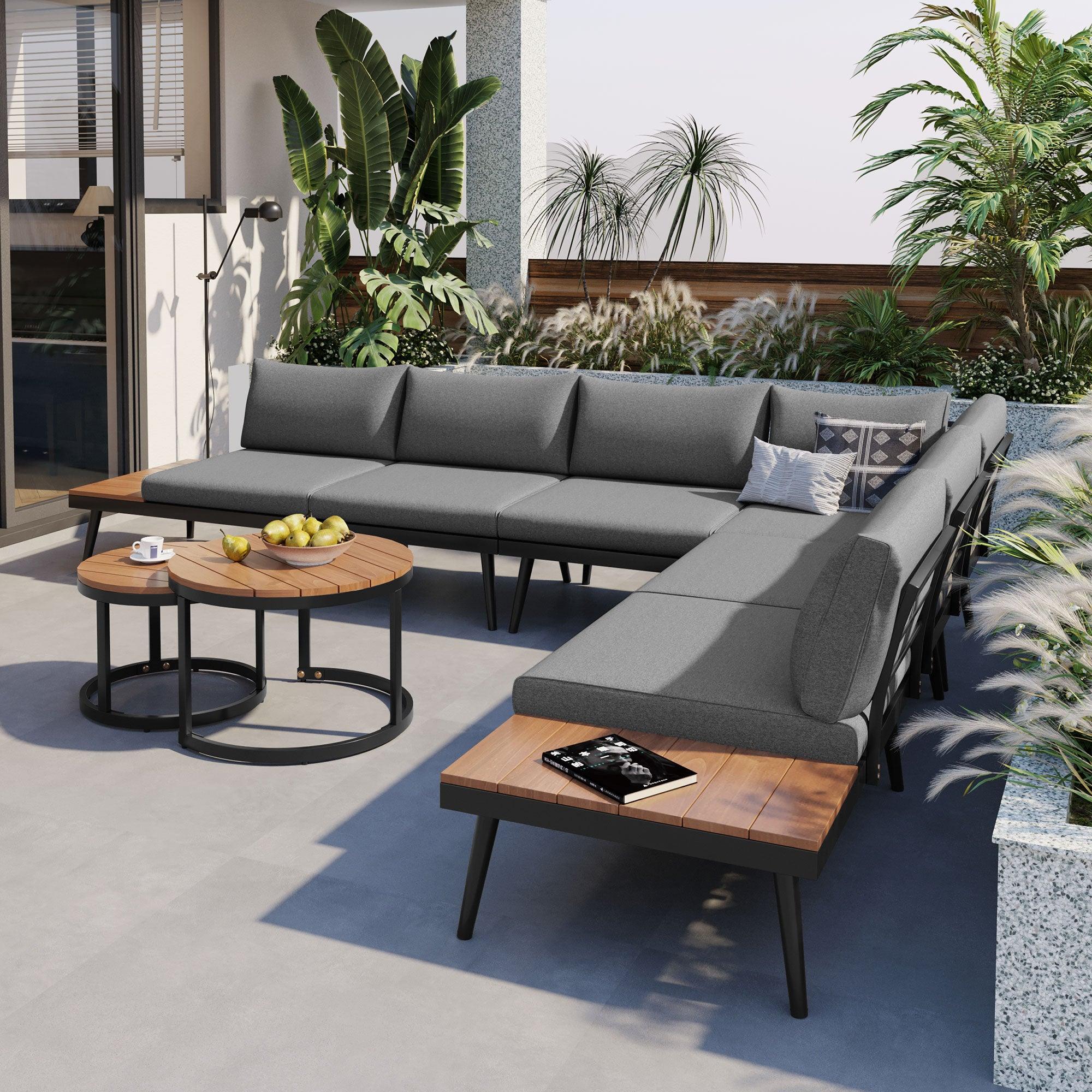 6-Piece Outdoor Sectional Sofa Set with Round Nesting Coffee Tables & Cushioned Seating - Patio, Porch, Garden Furniture for Backyard, Poolside & Outdoor Living Spaces