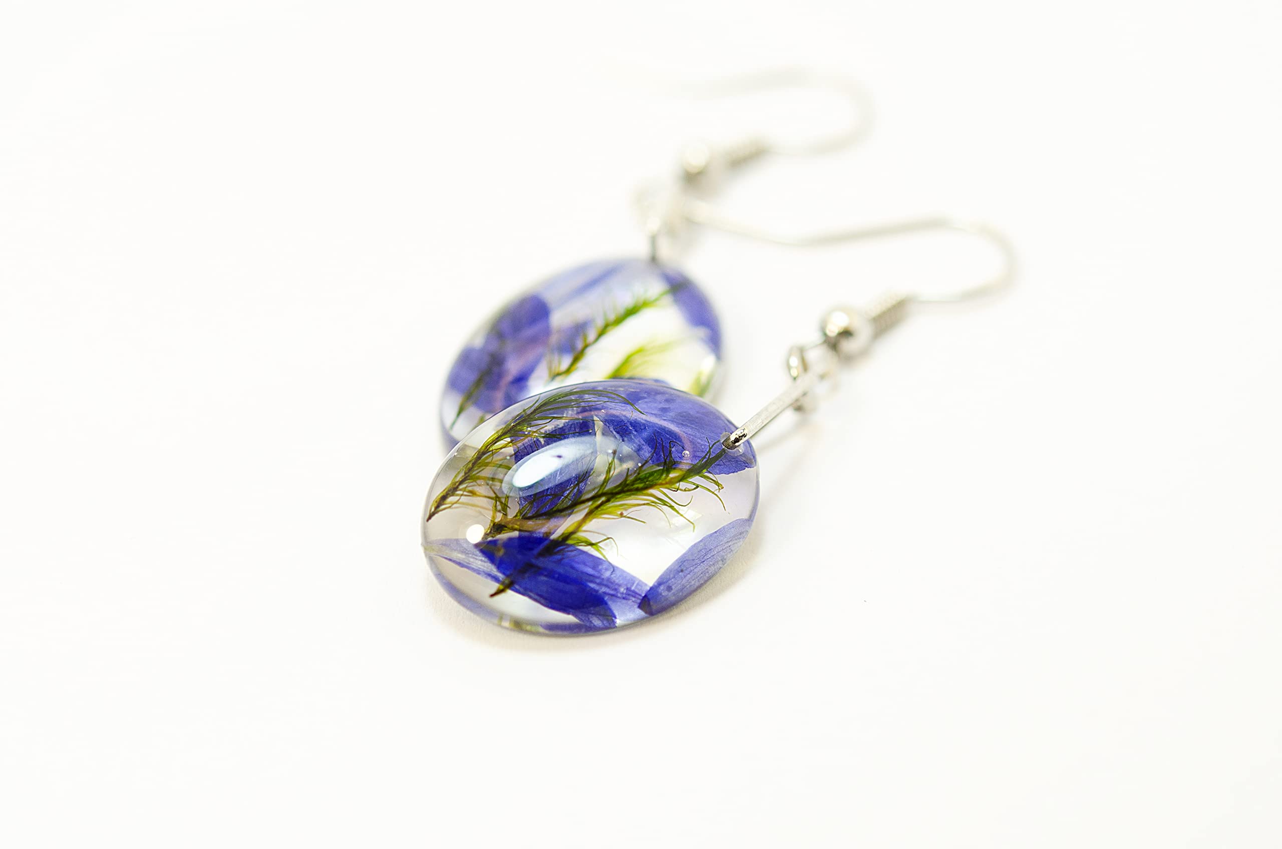 Handmade Resin Earrings with Blue Larkspur & Natural Moss - Pressed Real Flower Jewelry for Women - Boho Floral Dangle Earrings for Weddings, Parties & Everyday Wear
