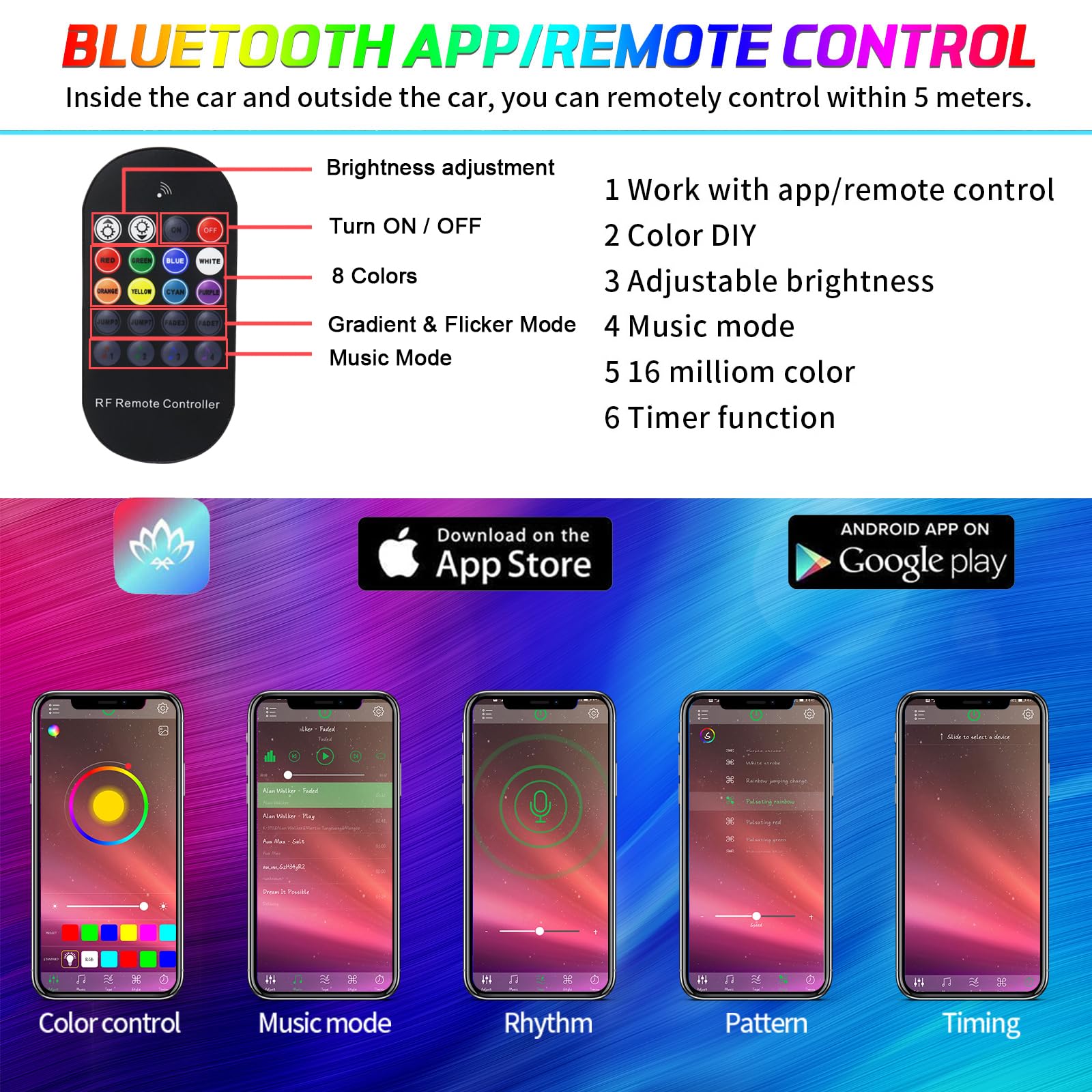 10-in-1 Multicolor RGB LED Car Interior Lighting Kit with 315in Fiber Optic, APP & Music Sync Control - DIY Ambient Neon Strip Lights for Cars, Trucks & SUVs | Perfect for Night Driving, Car Shows & Custom Vehicle Lighting