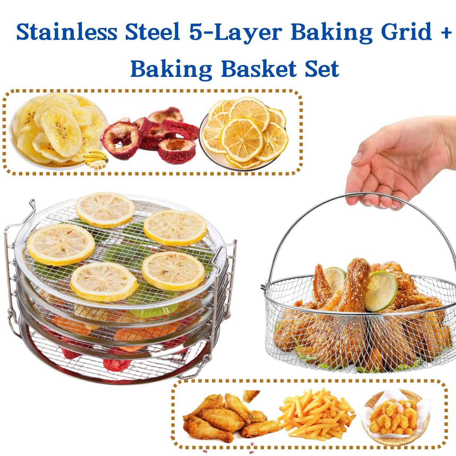 5-Tier Stainless Steel Dehydrator Rack & Grill Stand with Air Fryer Basket - Compatible with 6.5 & 8 Quart Pressure Cookers, Instant Pot & Air Fryers - Perfect for Drying Fruits, Jerky, Roasting Veggies & Air Frying Snacks