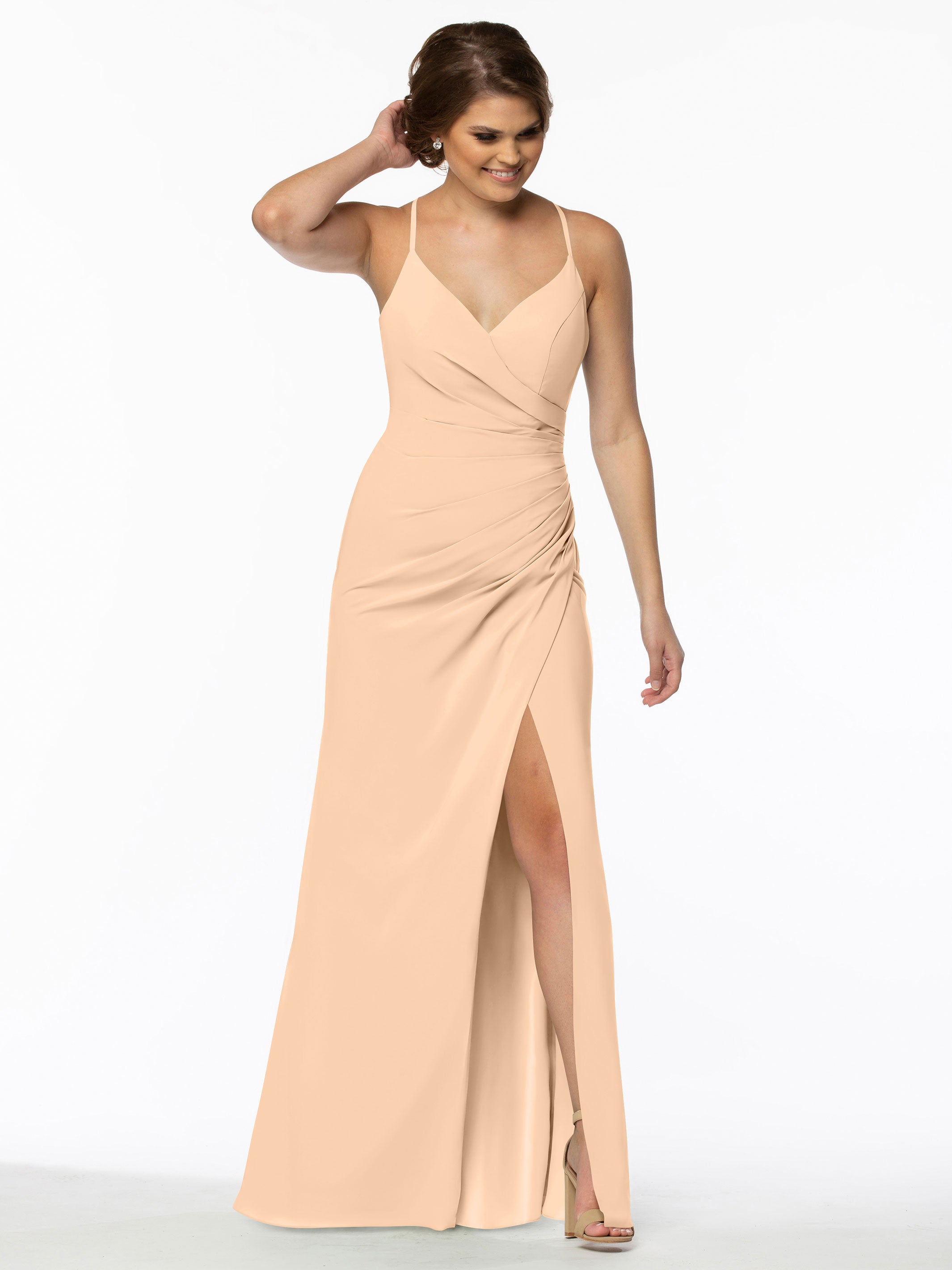 Elegant 80114 Stretch Chiffon Sheath Bridesmaid Dress with Ruching and High Slit - Perfect for Weddings, Formal Events & Evening Parties