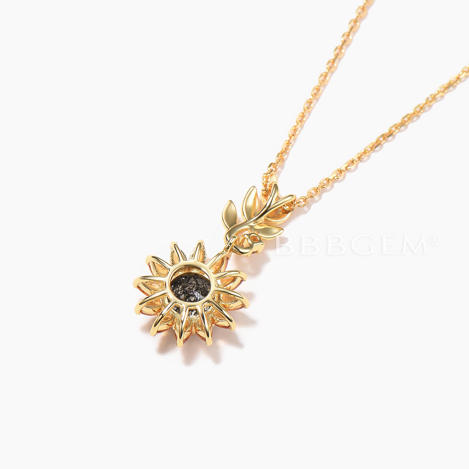 Natural Black Rutilated Quartz Round Cut Leaf Necklace with Citrine Halo Sunflower Pendant - Elegant Boho Jewelry for Women, Perfect for Weddings, Parties & Everyday Wear