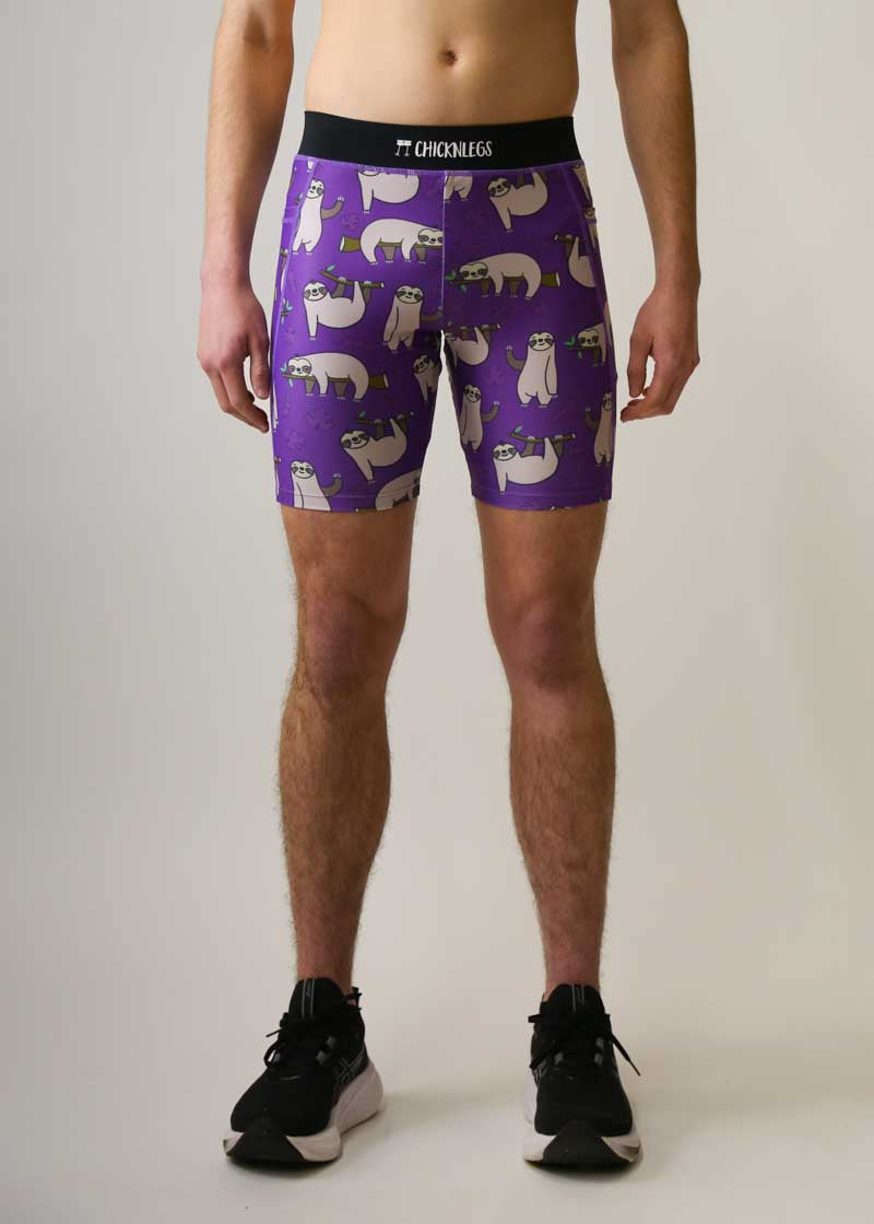 **Men's Sloth Print 8-Inch Half Tights - Running, Gym & Yoga Workout Shorts for Activewear**