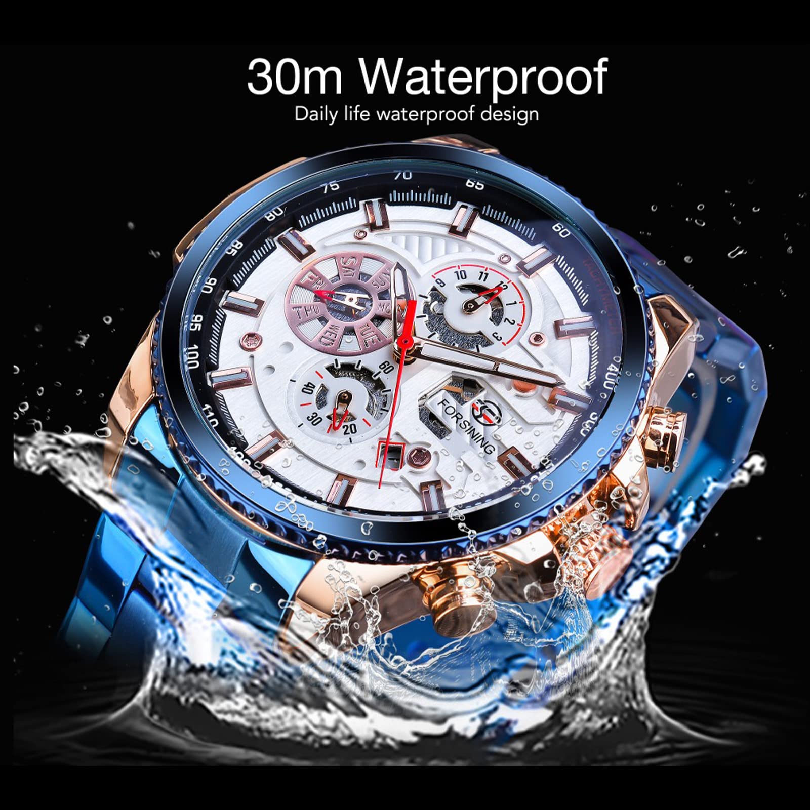 FORSINING Men's Automatic Self-Winding Luxury Stainless Steel Watch - Large Dial, Multifunction (Month/Day/Date, Stopwatch, Tachymeter) - Perfect for Business, Formal Events & Everyday Wear