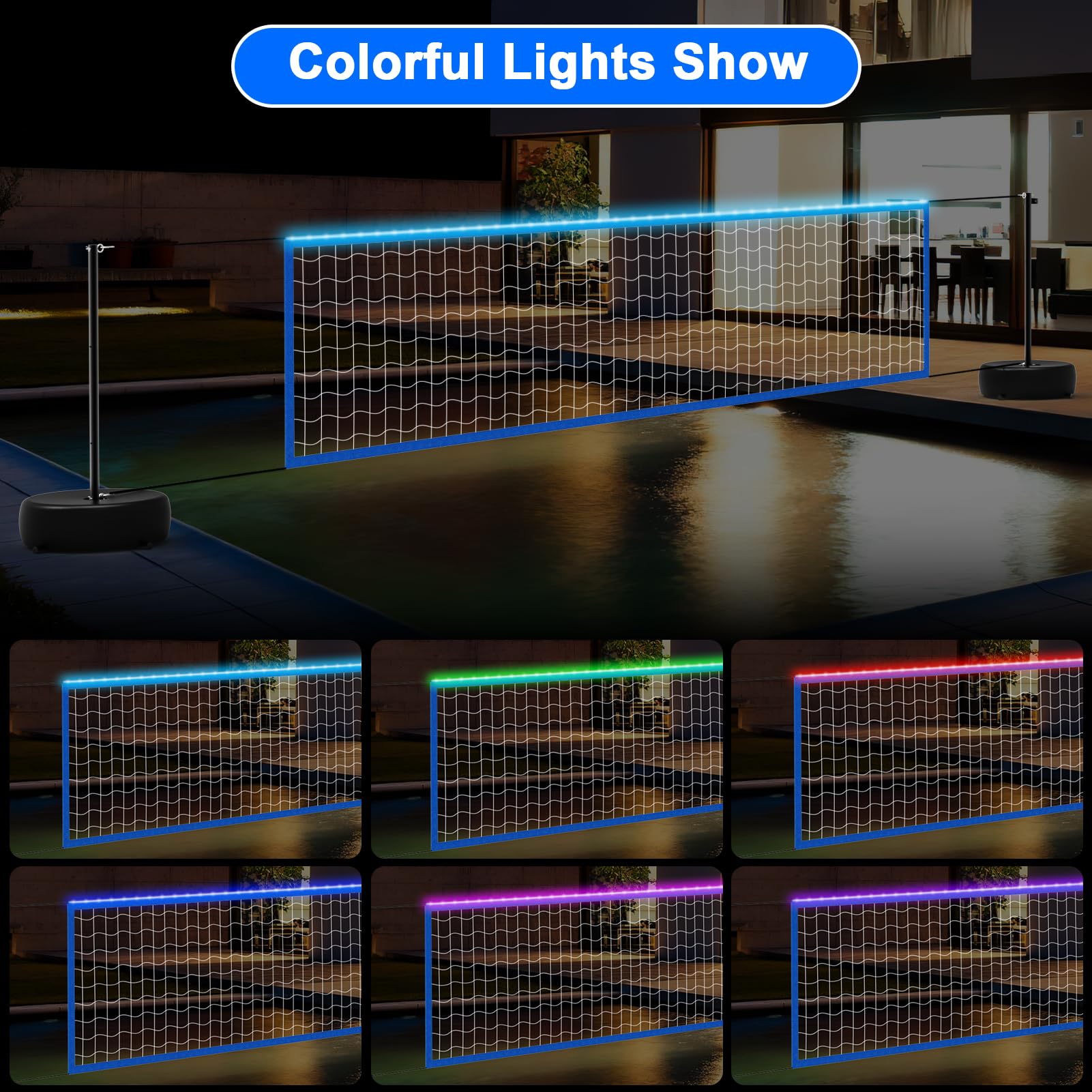 Solar Powered Pool Volleyball Net Set with LED Lights - Portable Outdoor Volleyball Net for Inground Pools, Includes 2 Glowing Balls, Pump & Weighted Bases, Adjustable Length 15ft-32ft - Perfect for Backyard Parties, Beach Games & Summer Pool Fun
