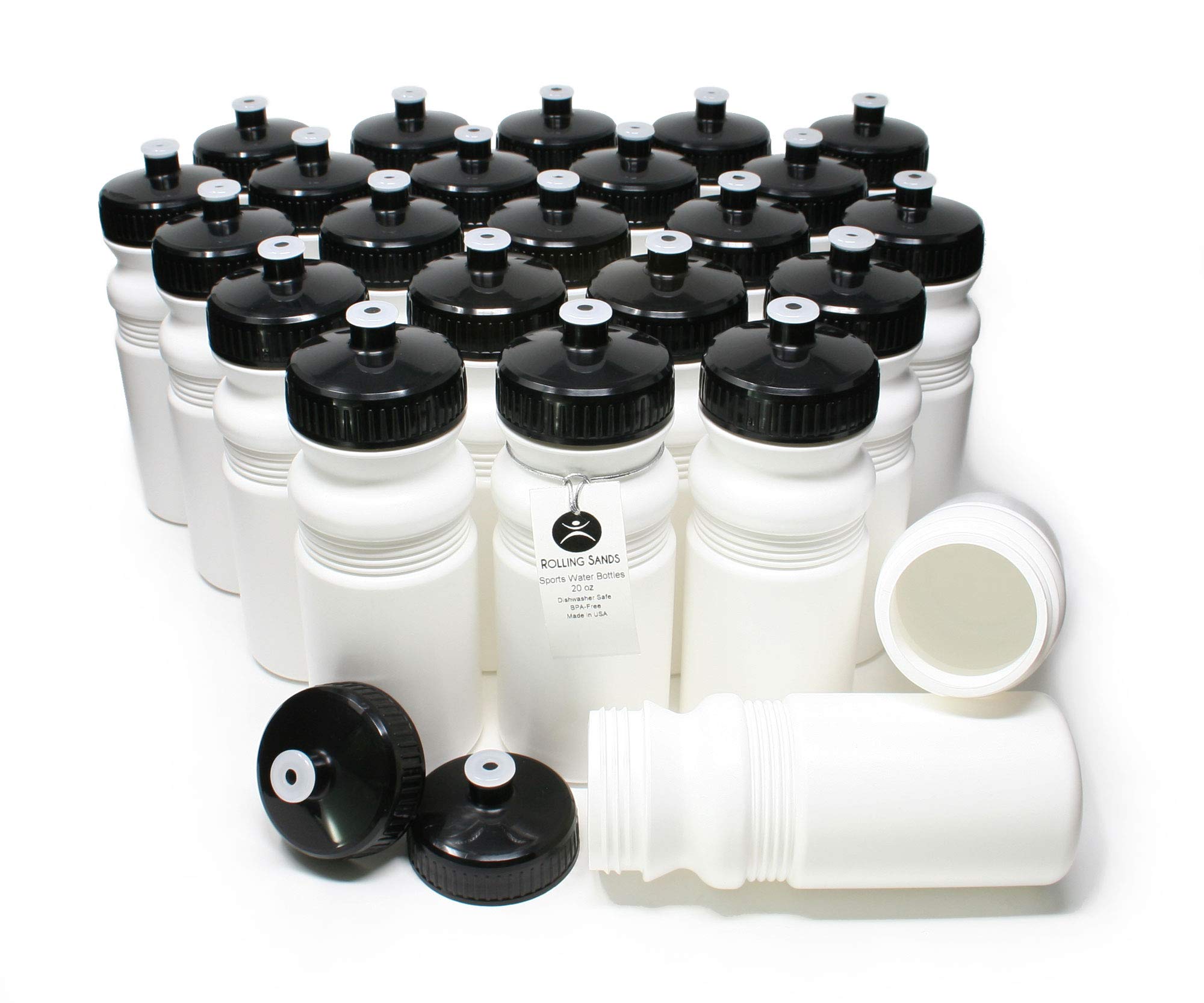 Rolling Sands 20oz BPA-Free Sports Water Bottles 24 Pack - Made in USA, Dishwasher Safe, White Bottles with Black Lids - Perfect for Gym, Hiking, Camping & Team Sports Hydration
