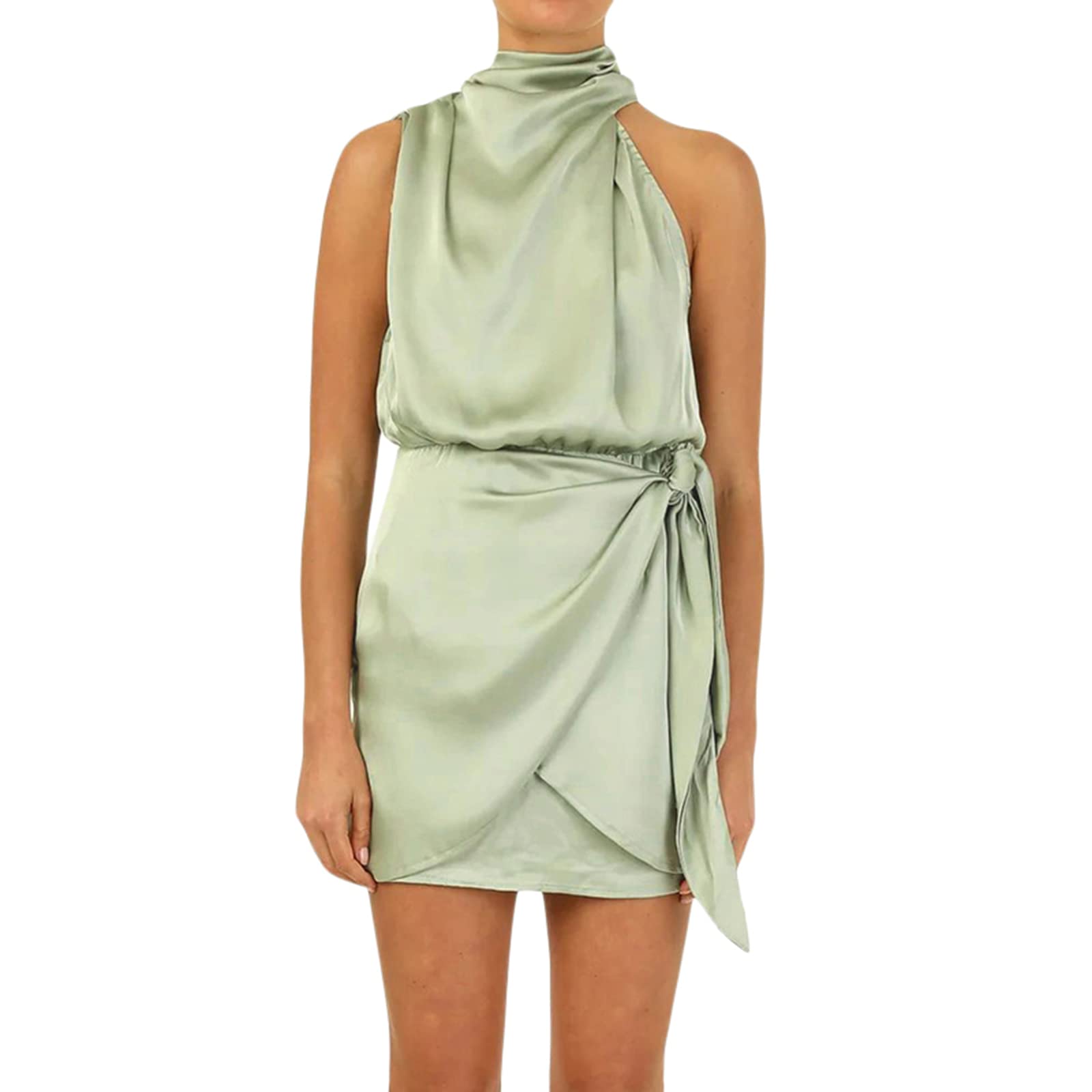 Elegant Women's Sleeveless Cocktail Dress - Mock Neck Summer Satin Maxi Dress with High Waist for Wedding Guest, Evening Party & Special Occasions | Perfect for Formal Events, Date Nights & Summer Celebrations